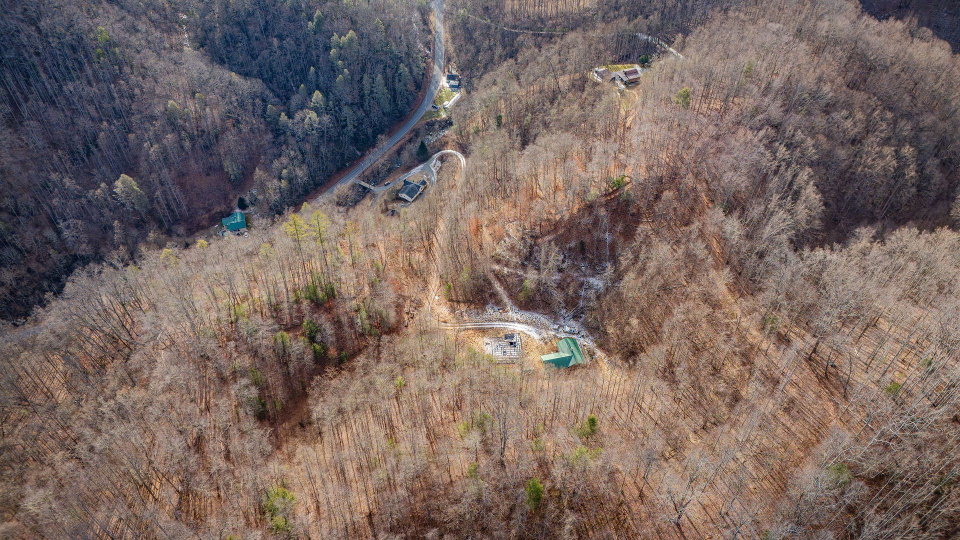 Aerial view of a bare forest hillside with a few buildings, a road, and a dark stream running through.