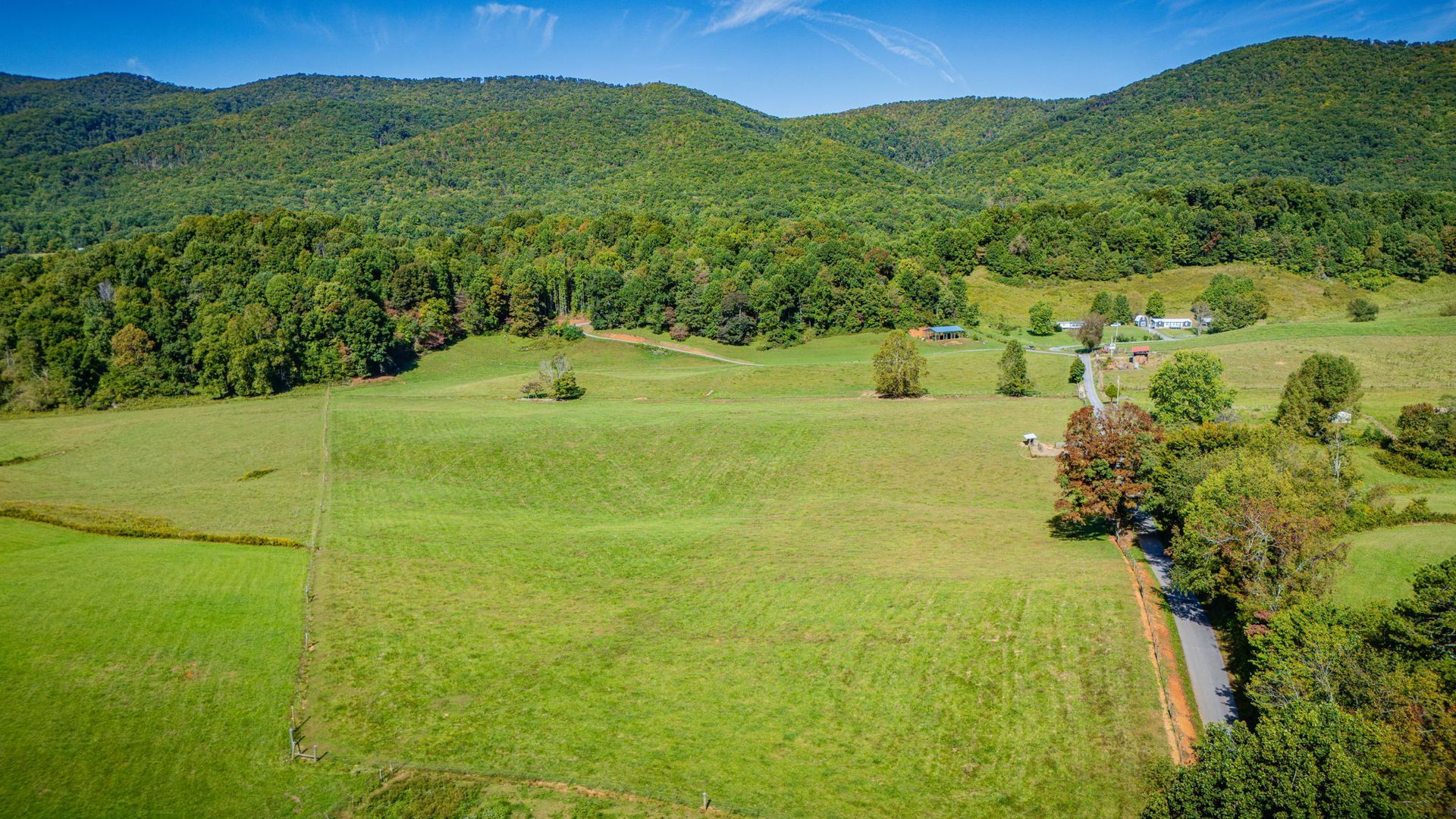 Wide green meadow with a winding dirt path, backed by dense forested hills under a clear blue sky