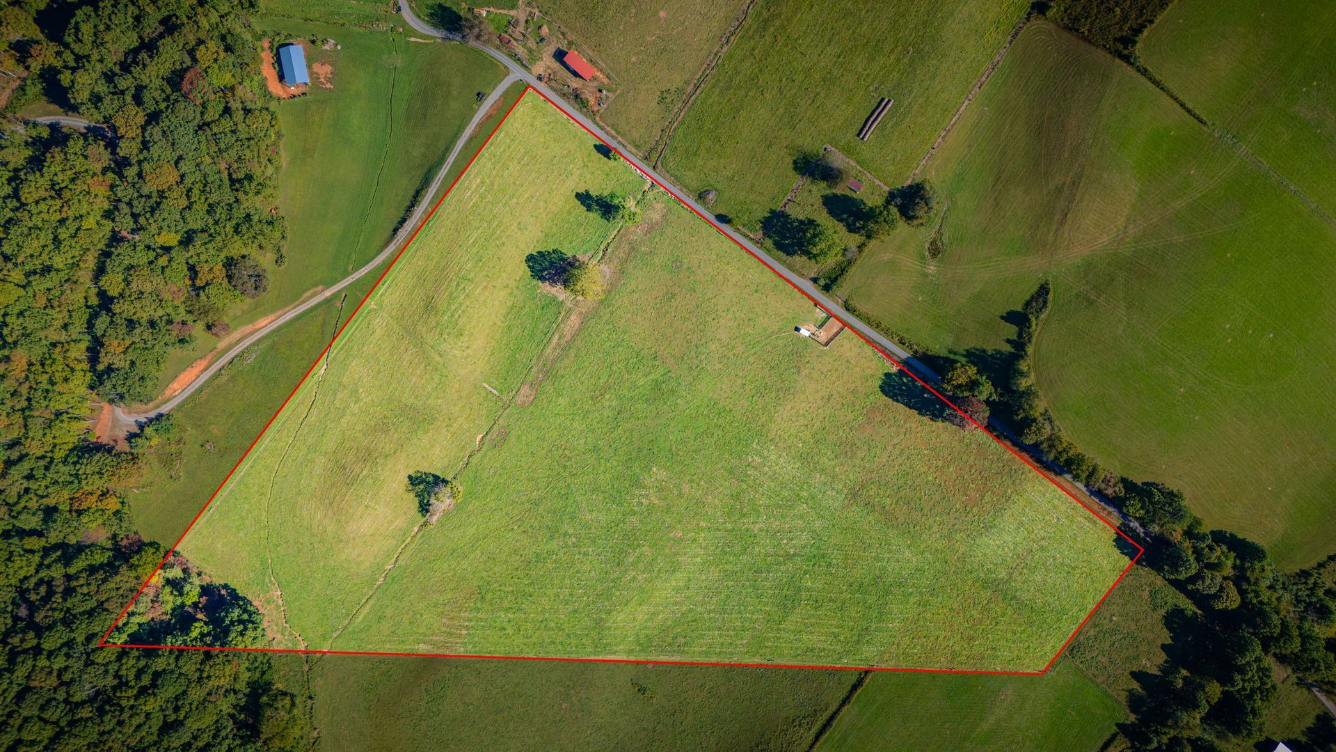 Aerial view of a green triangular field bordered by red fence lines and scattered trees.