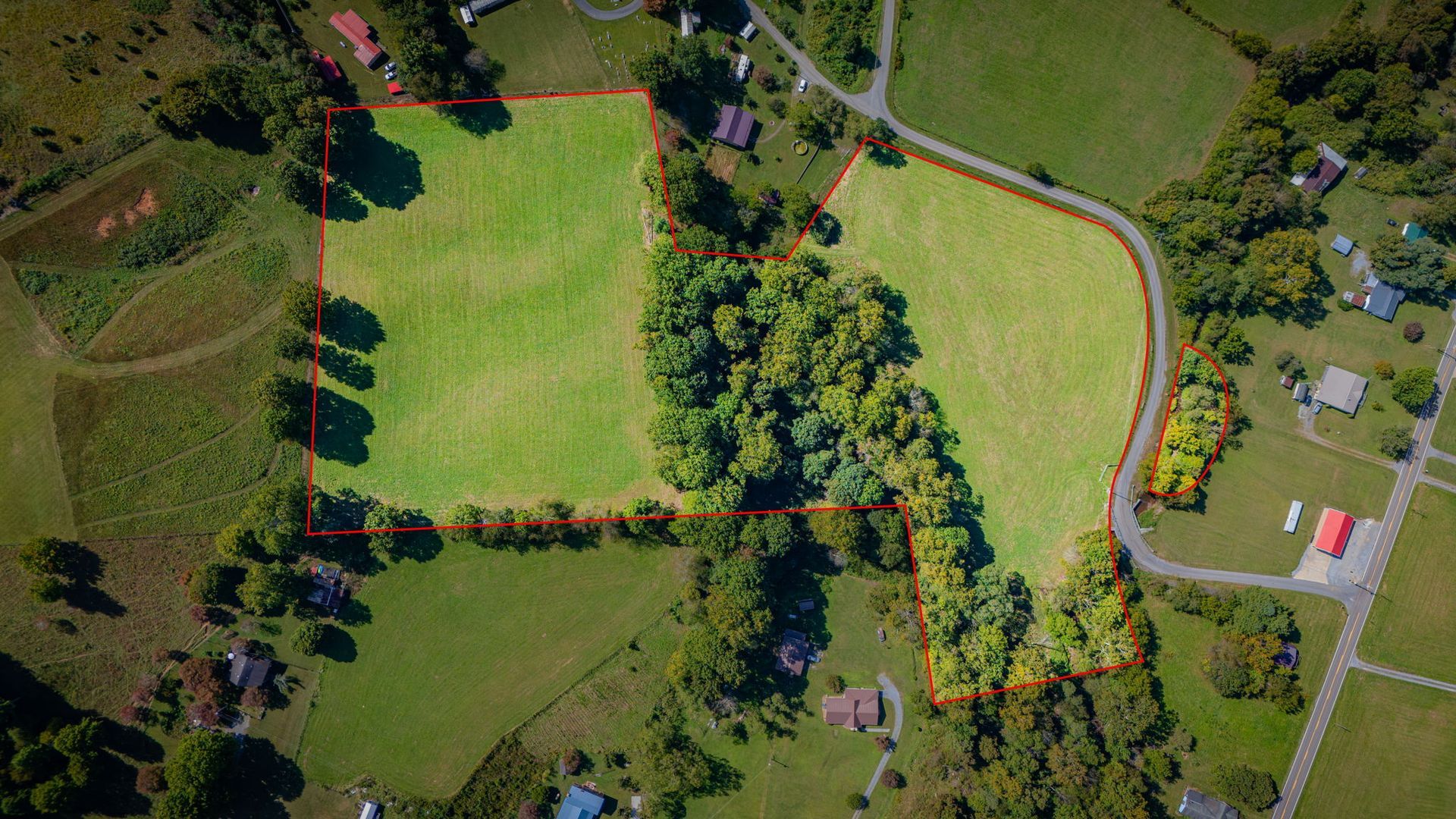 Aerial view of a green field bordered by trees, with a road and houses on the right.