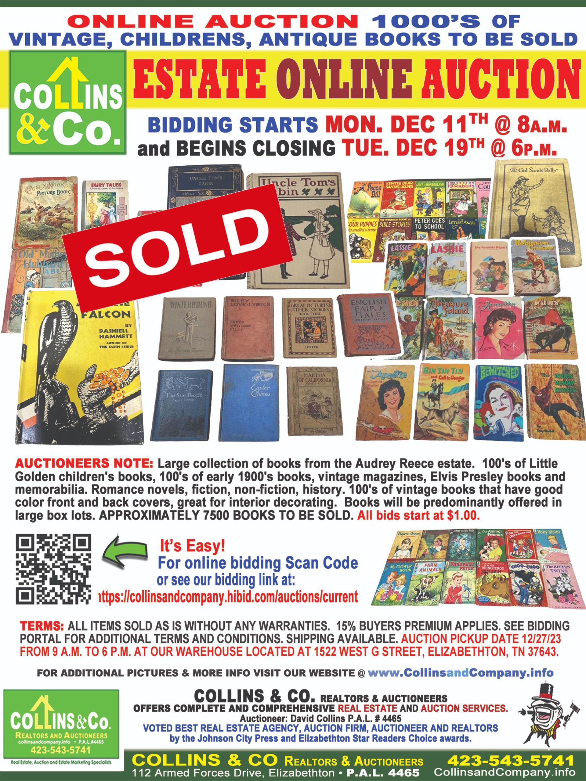 A poster for an online auction of vintage , children 's , antique books to be sold.