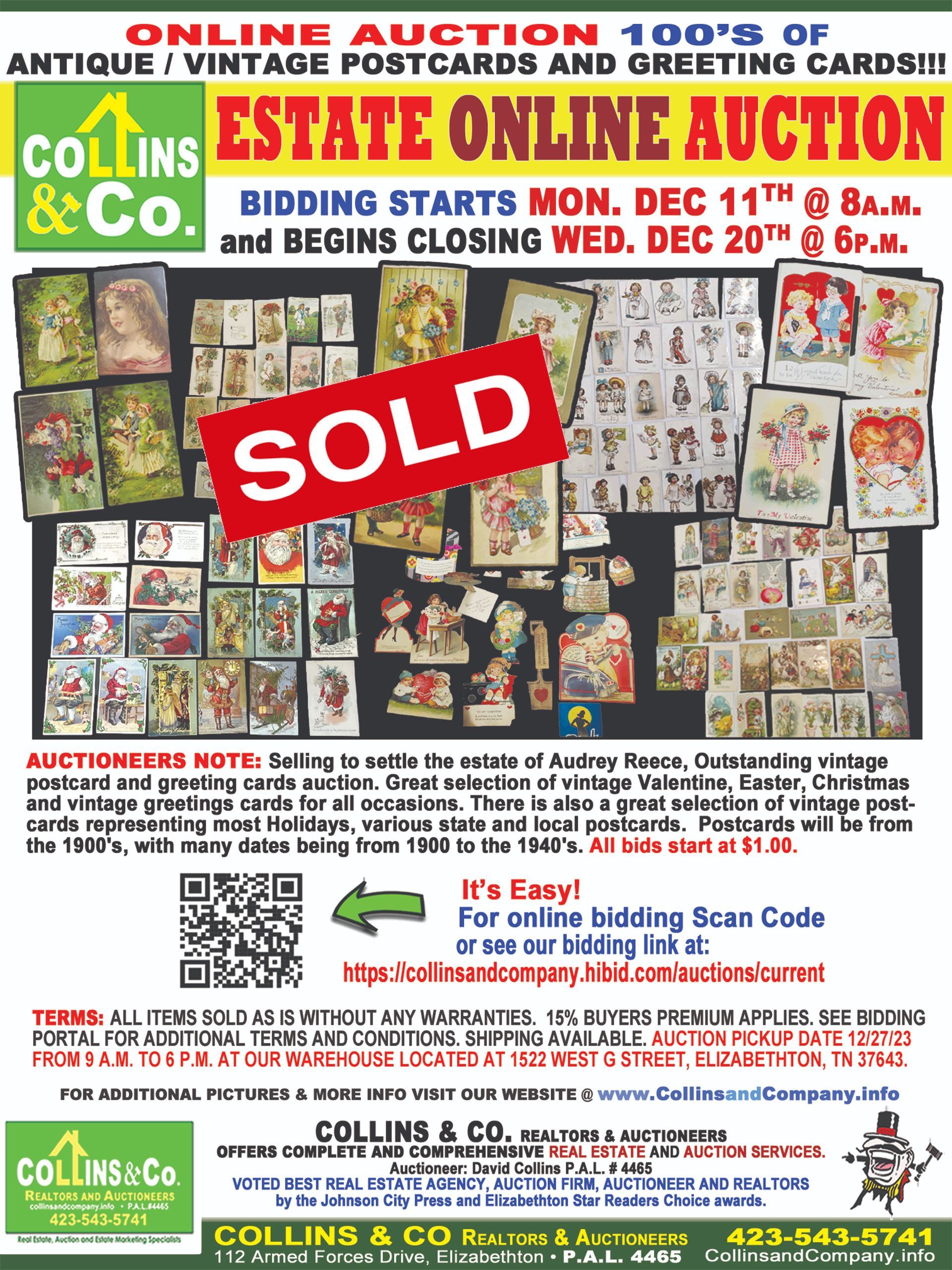 A poster for an online auction of vintage postcards and greeting cards.