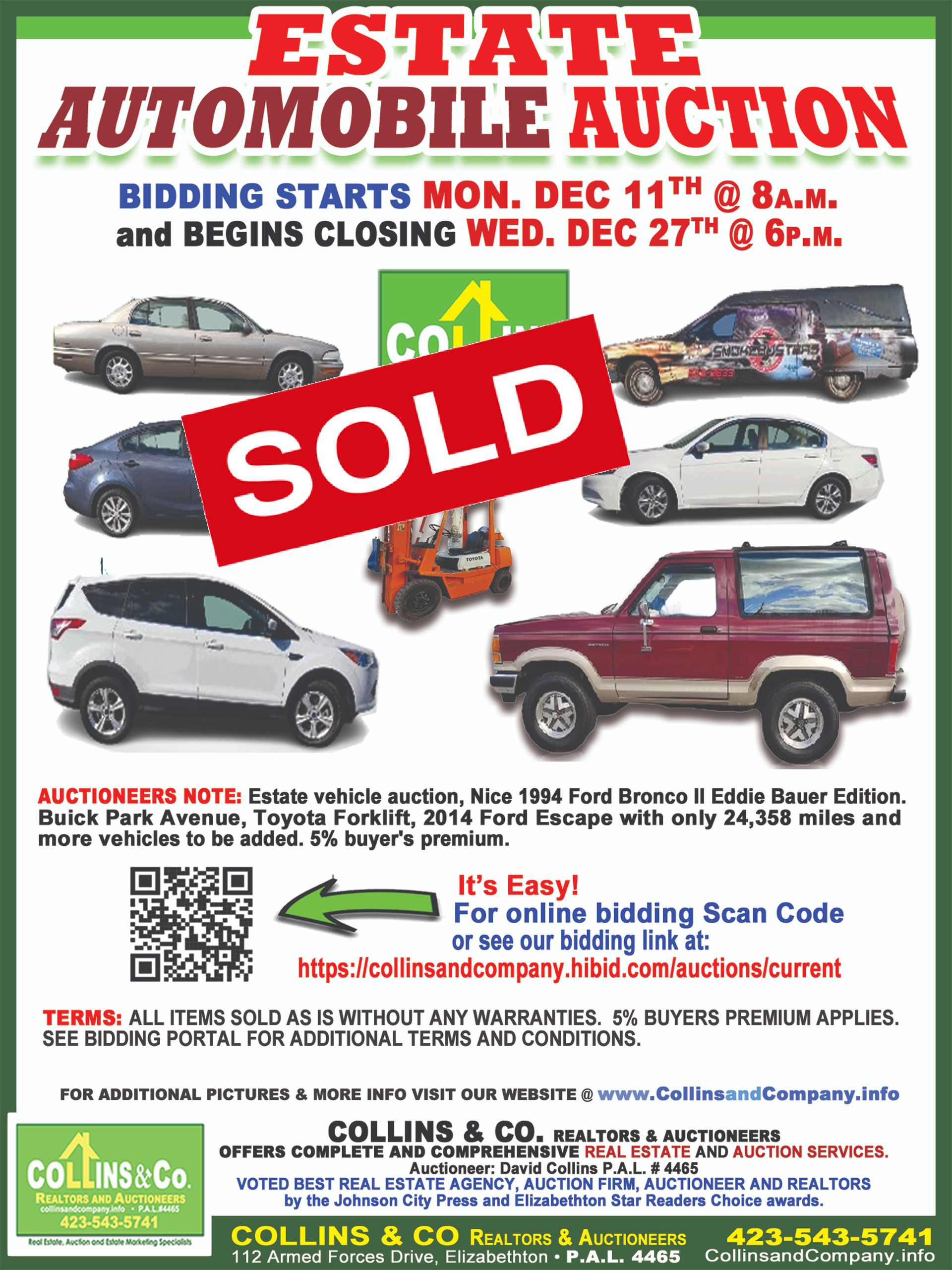 A estate automobile auction is being held on december 11th and begins closing on december 27th.