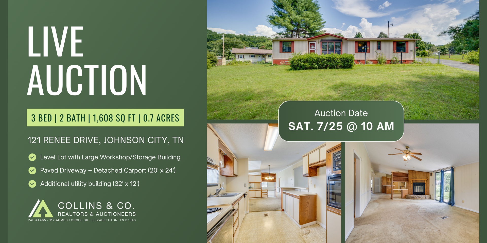 Live auction flyer for a green suburban house with interior photos and date/time details