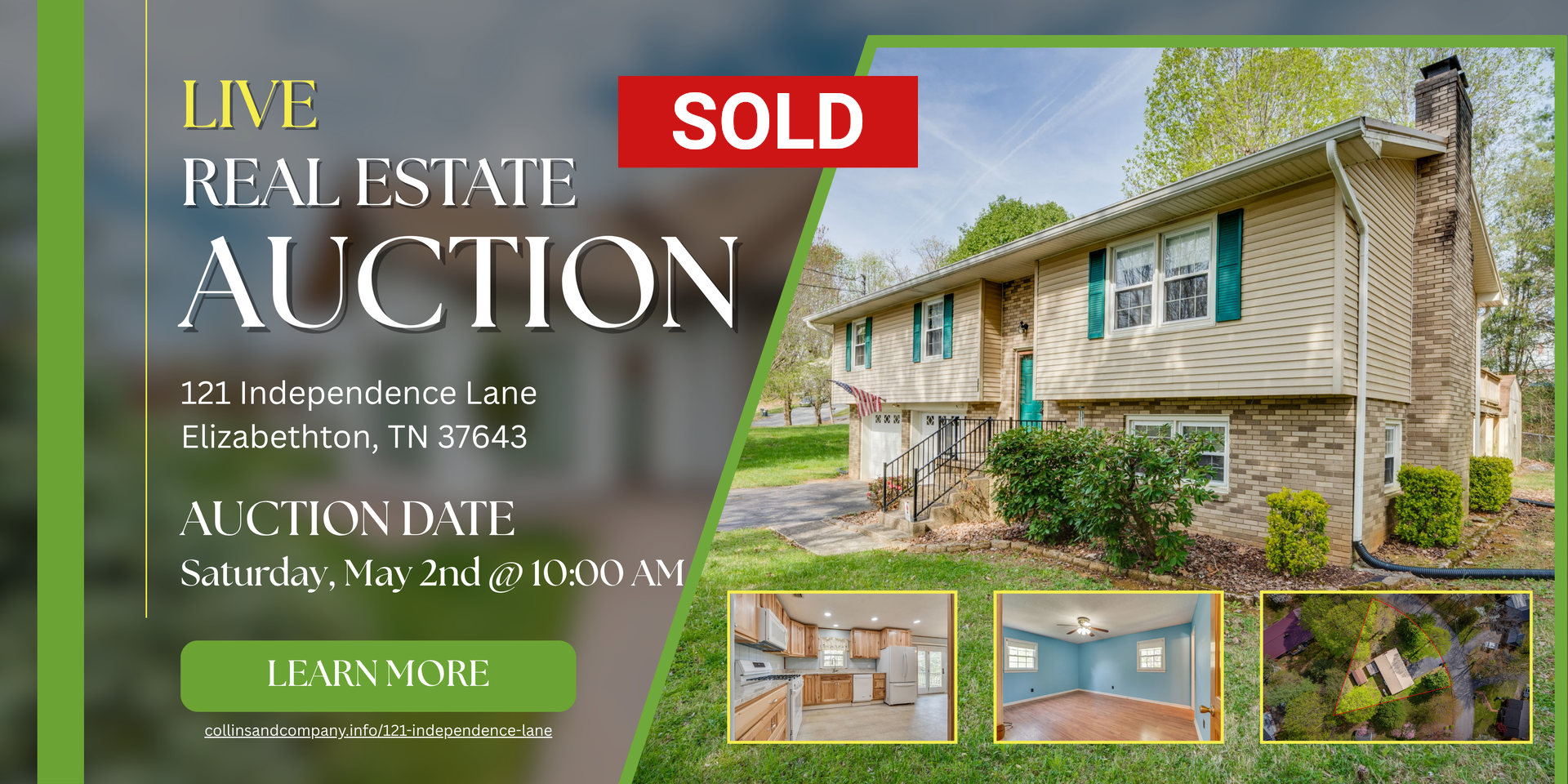 Live real estate auction flyer for a beige house, with red “SOLD” label and date/time details.
