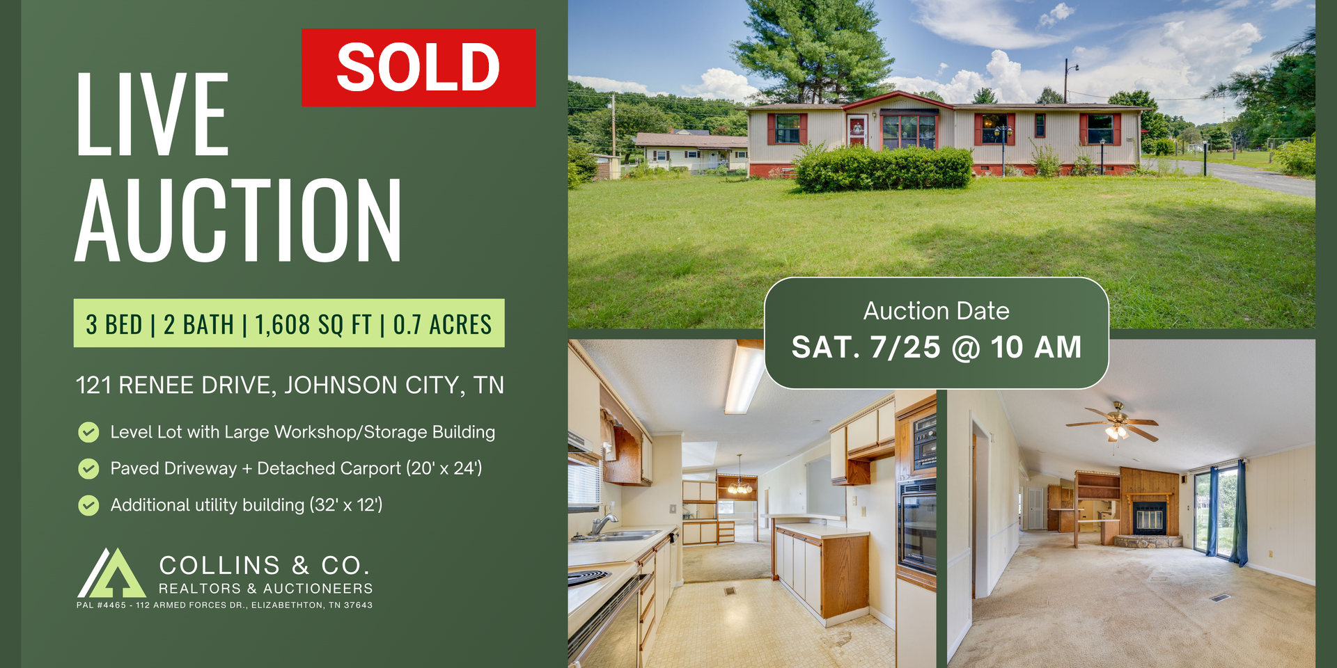Sold live auction flyer for a house, with exterior and interior photos and a July 26, 10 AM date.