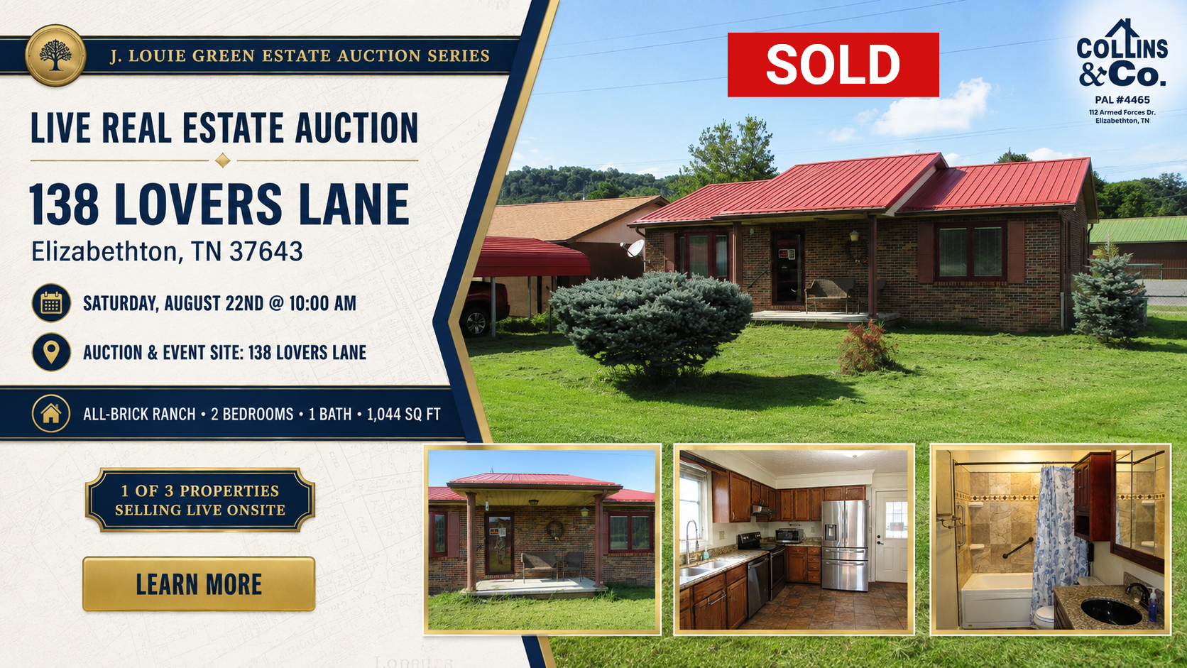 Real estate auction ad for 138 Lovers Lane, Elizabeth, TN, with sold house photos and auction details