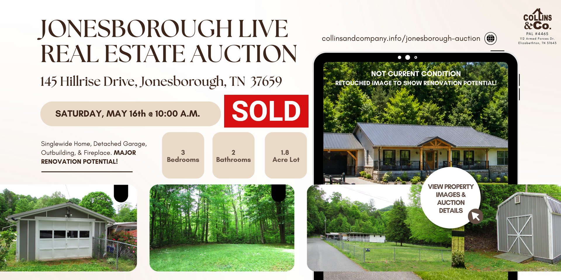Jonesborough live real estate auction flyer with home and property photos, marked SOLD