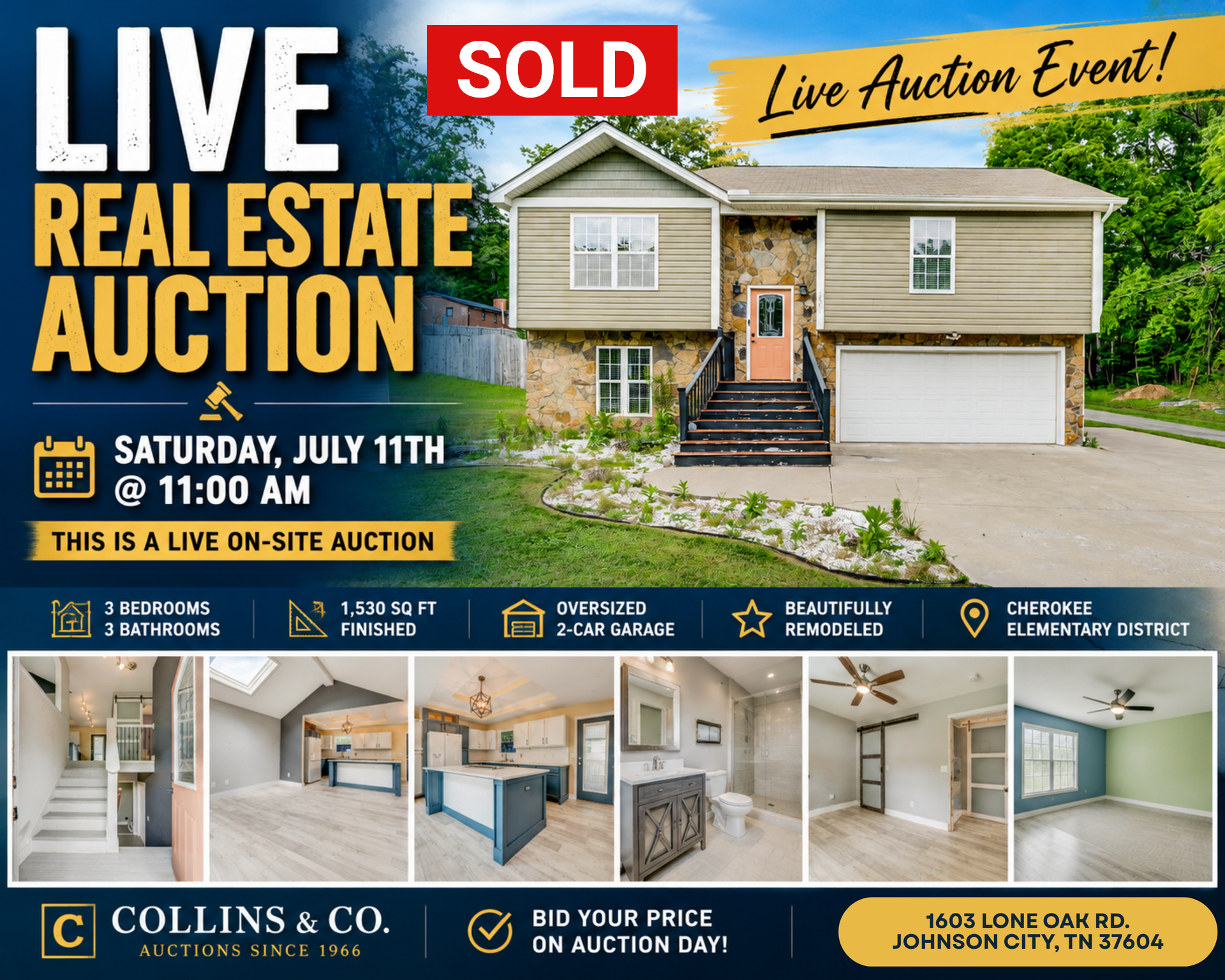 Live real estate auction flyer for a sold beige house with garage and home interior photos