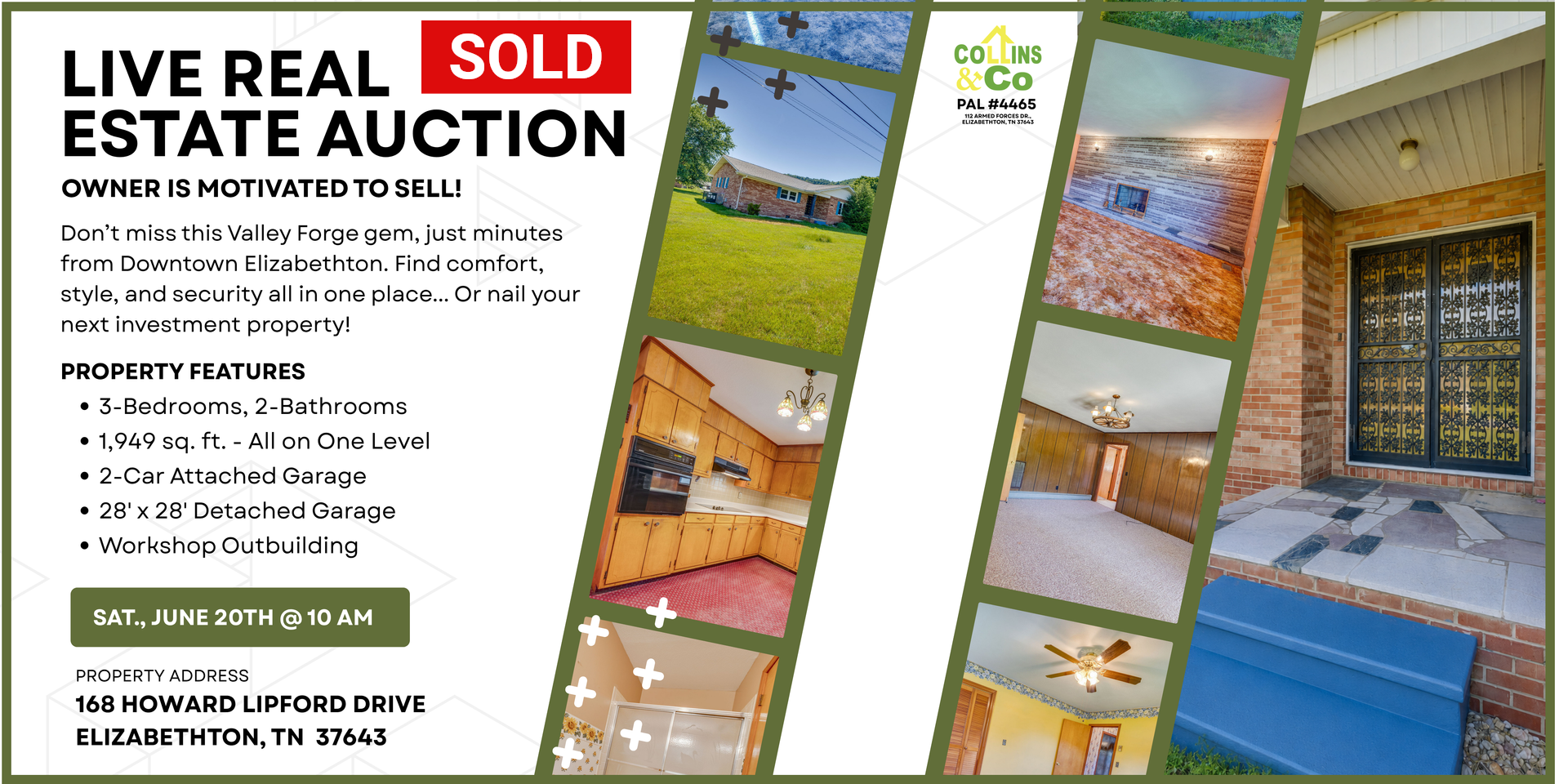 Real estate auction flyer with property photos, bold SOLD banner, and auction details on white and green background