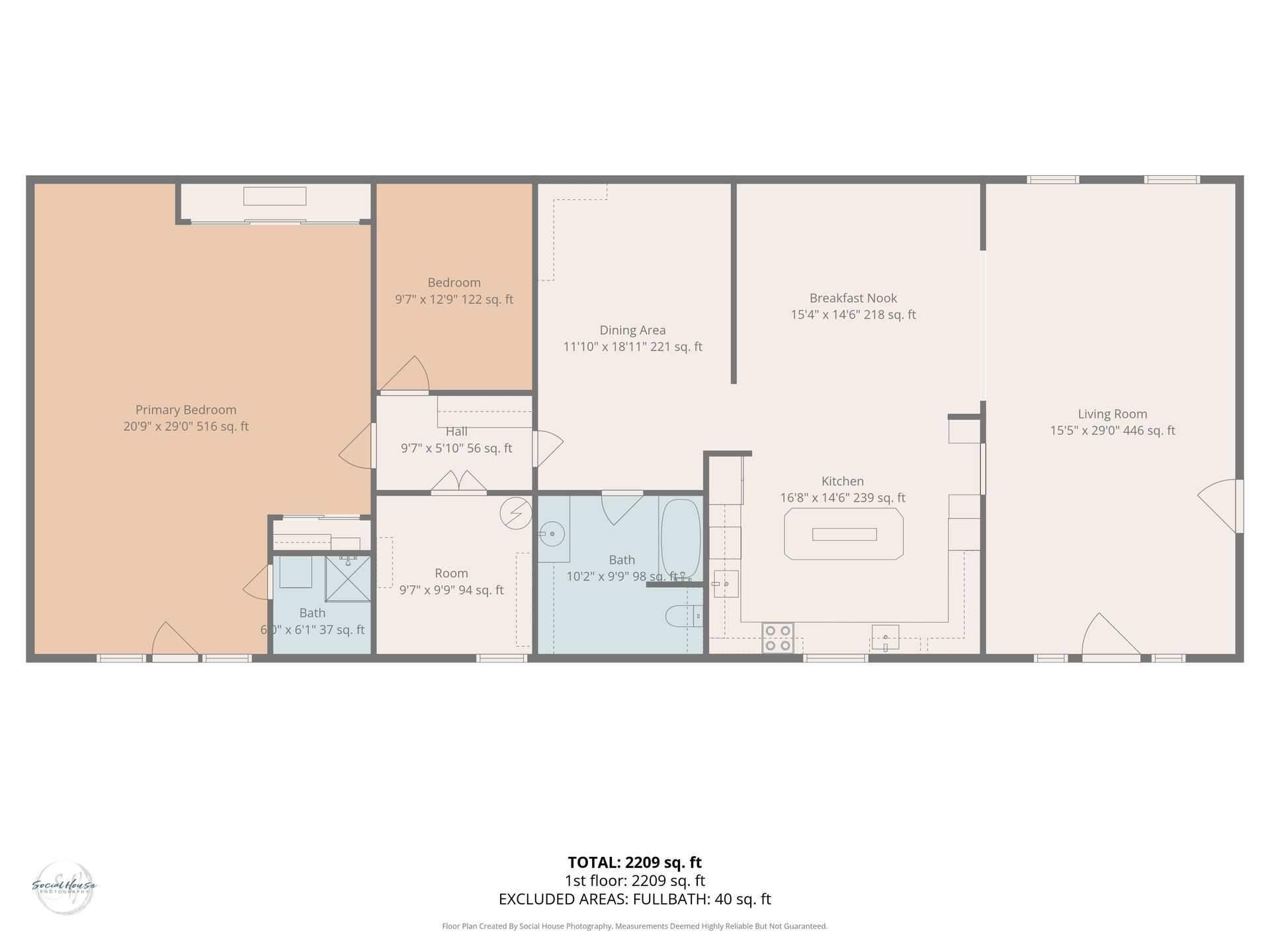 Color-coded property floor plan with labeled rooms and dimensions.