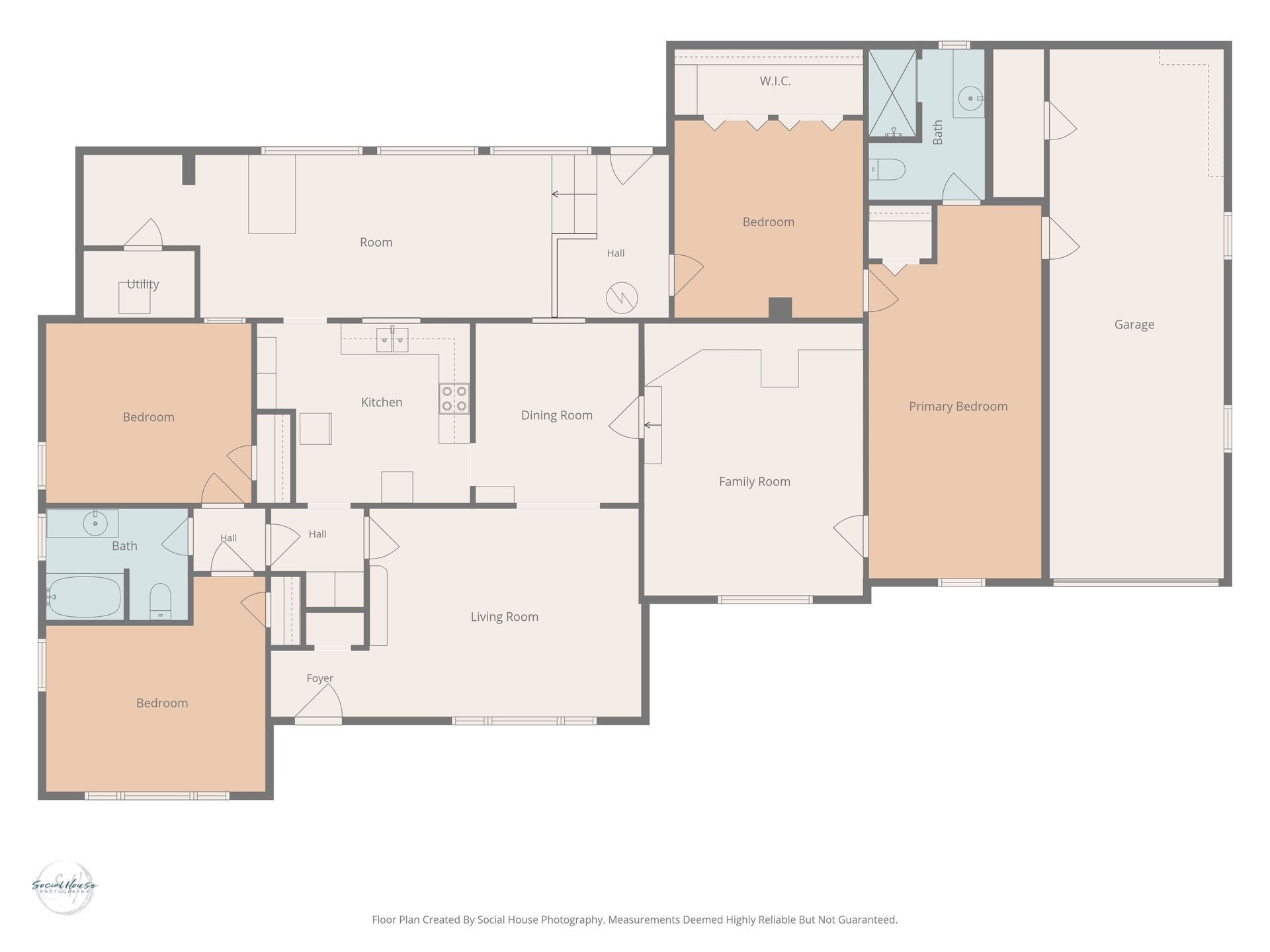 Color-coded floor plan of a home with multiple rooms and bathrooms shown in white, tan, and blue.