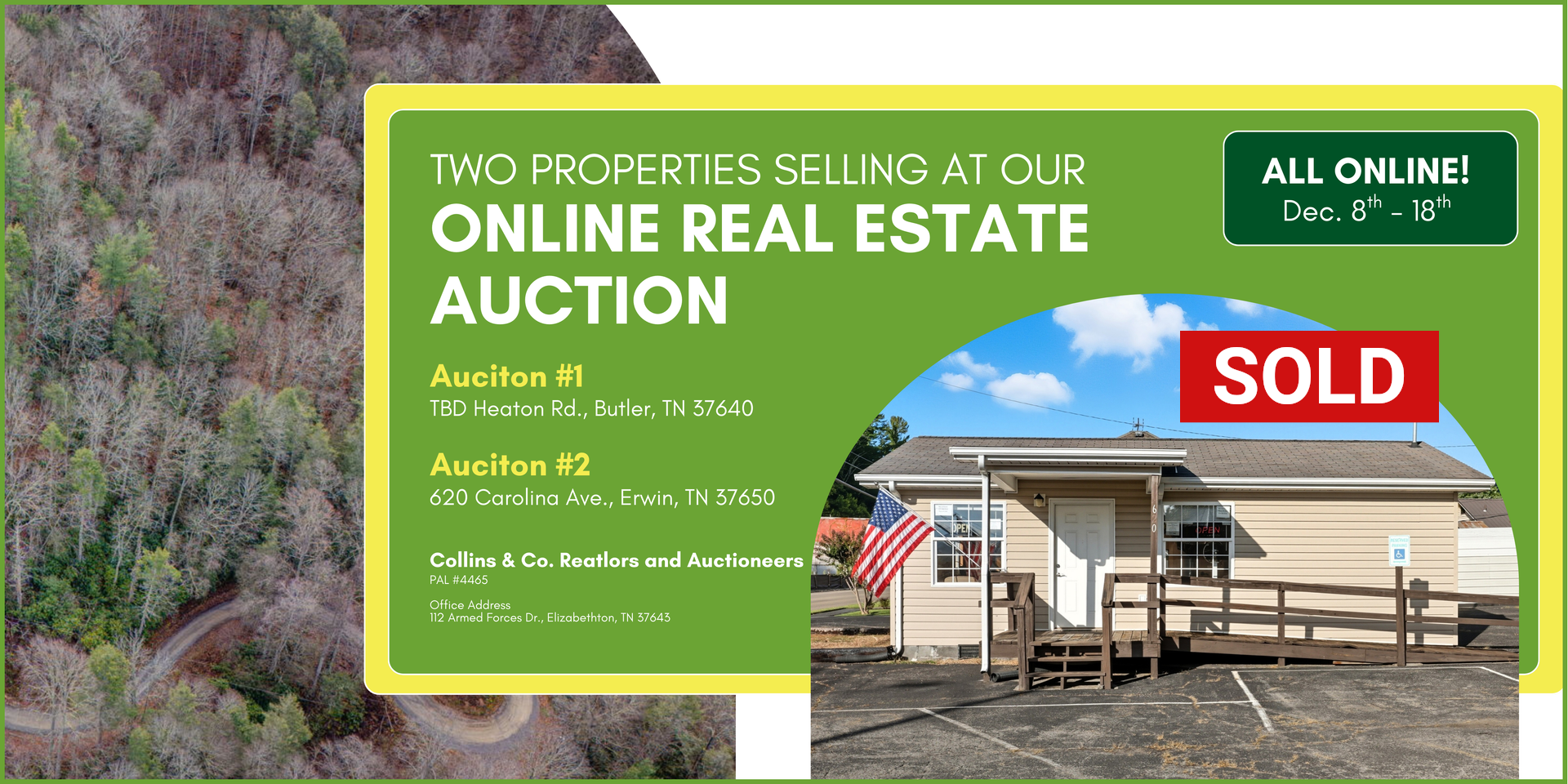 Real estate auction advertisement with a house and 