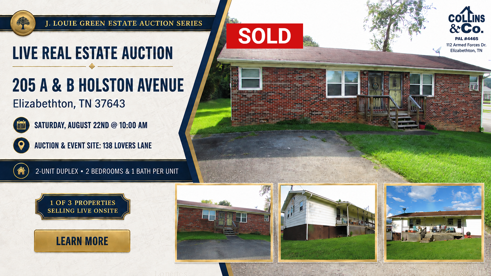 Real estate auction flyer for 205 A & B Holston Ave with a sold brick duplex and interior photos