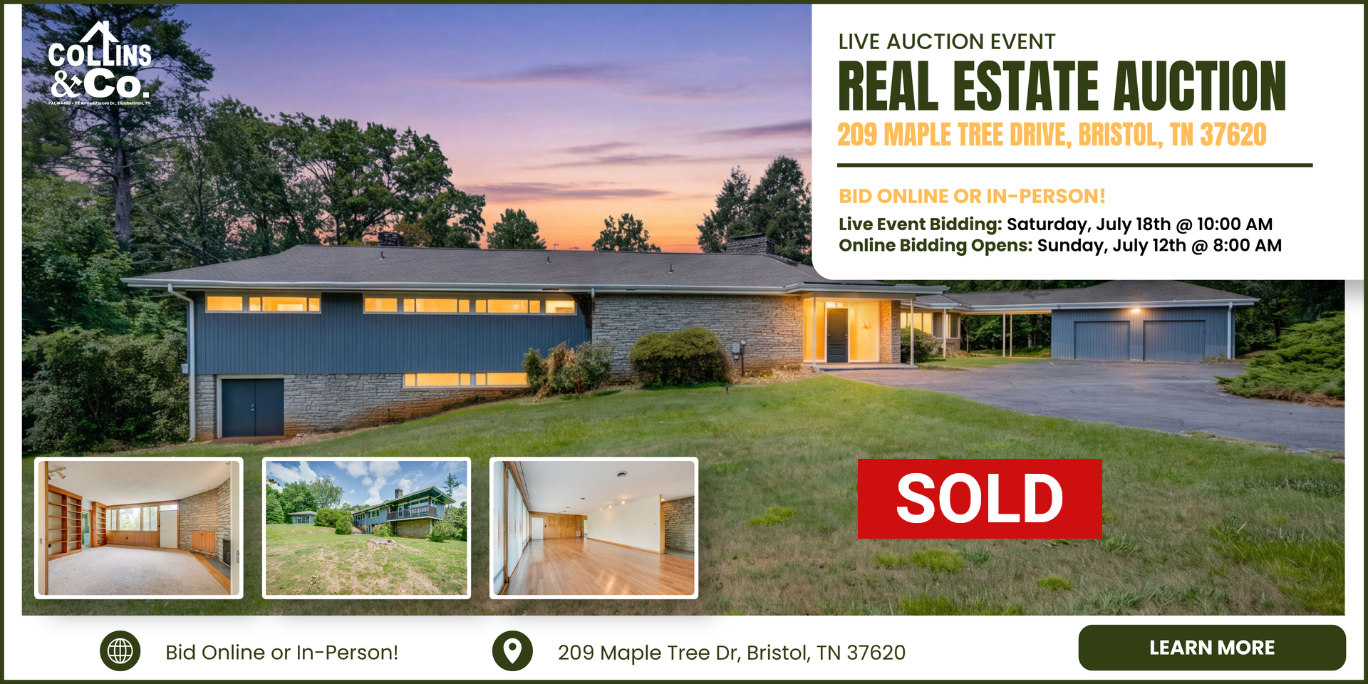 Real estate auction flyer for a modern house at sunset, marked SOLD with multiple listing images.