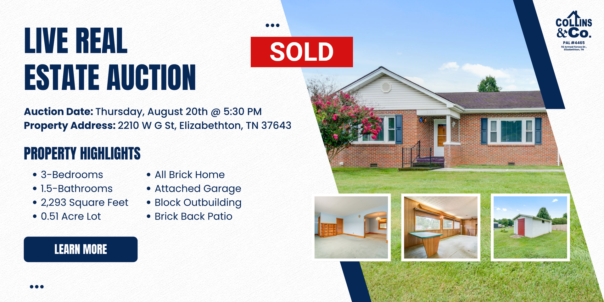 Live real estate auction flyer with sold banner and house photos, listing property features and auction details