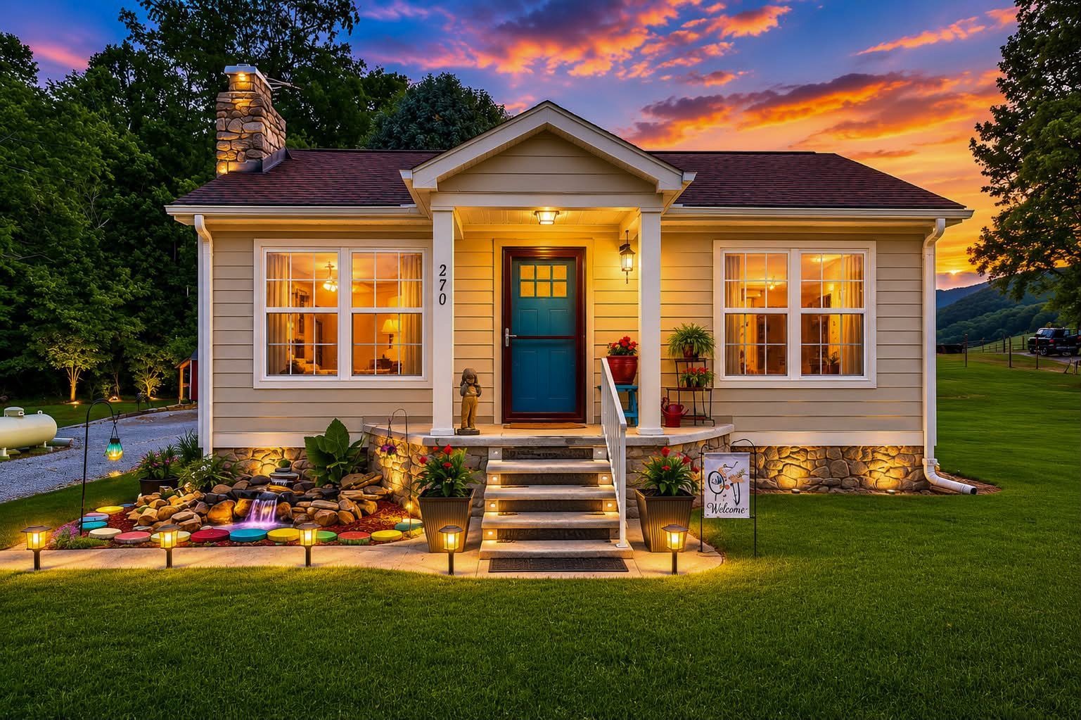 Cozy lit bungalow at dusk with colorful sunset sky, front porch, and flower-lined walkway.