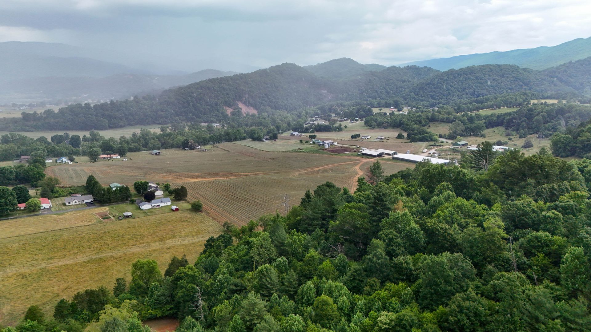 Wide view of green fields and trees with mountains in the background under a hazy sky