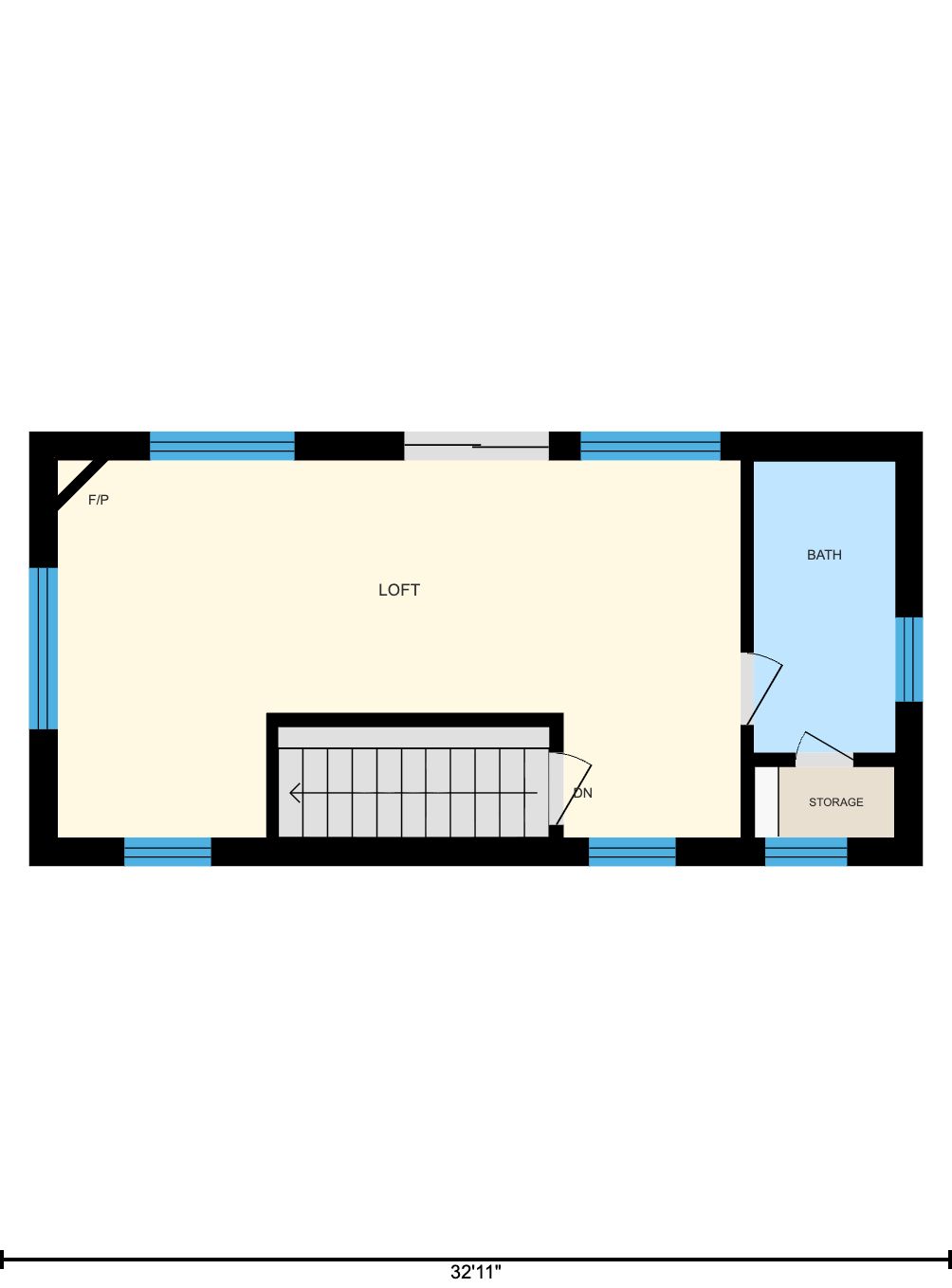 Floor plan of a small home with one large central room, bathroom, and stairwell, shown in black and blue.