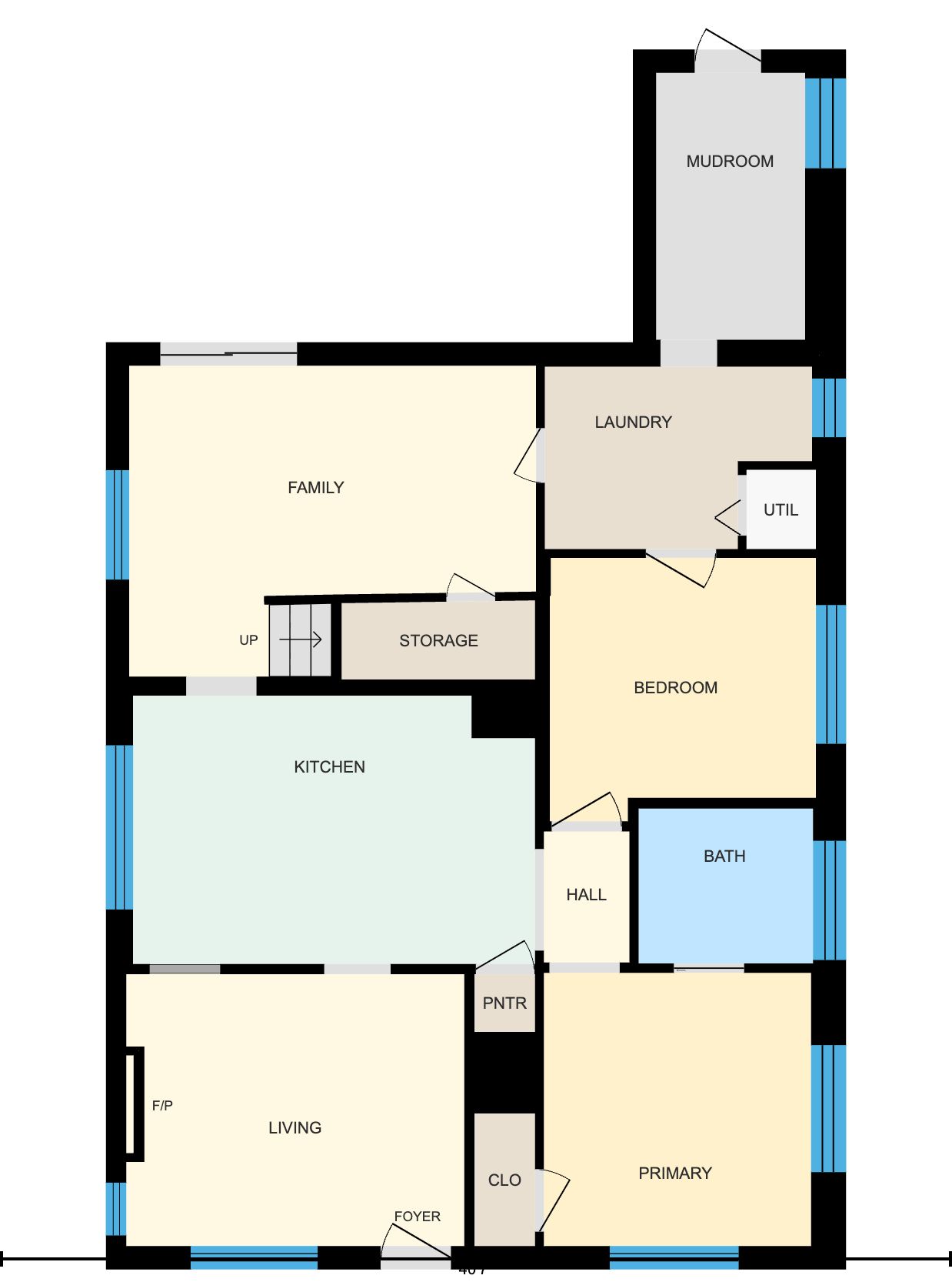 Annotated house floor plan with labeled rooms in black, beige, and light blue areas.
