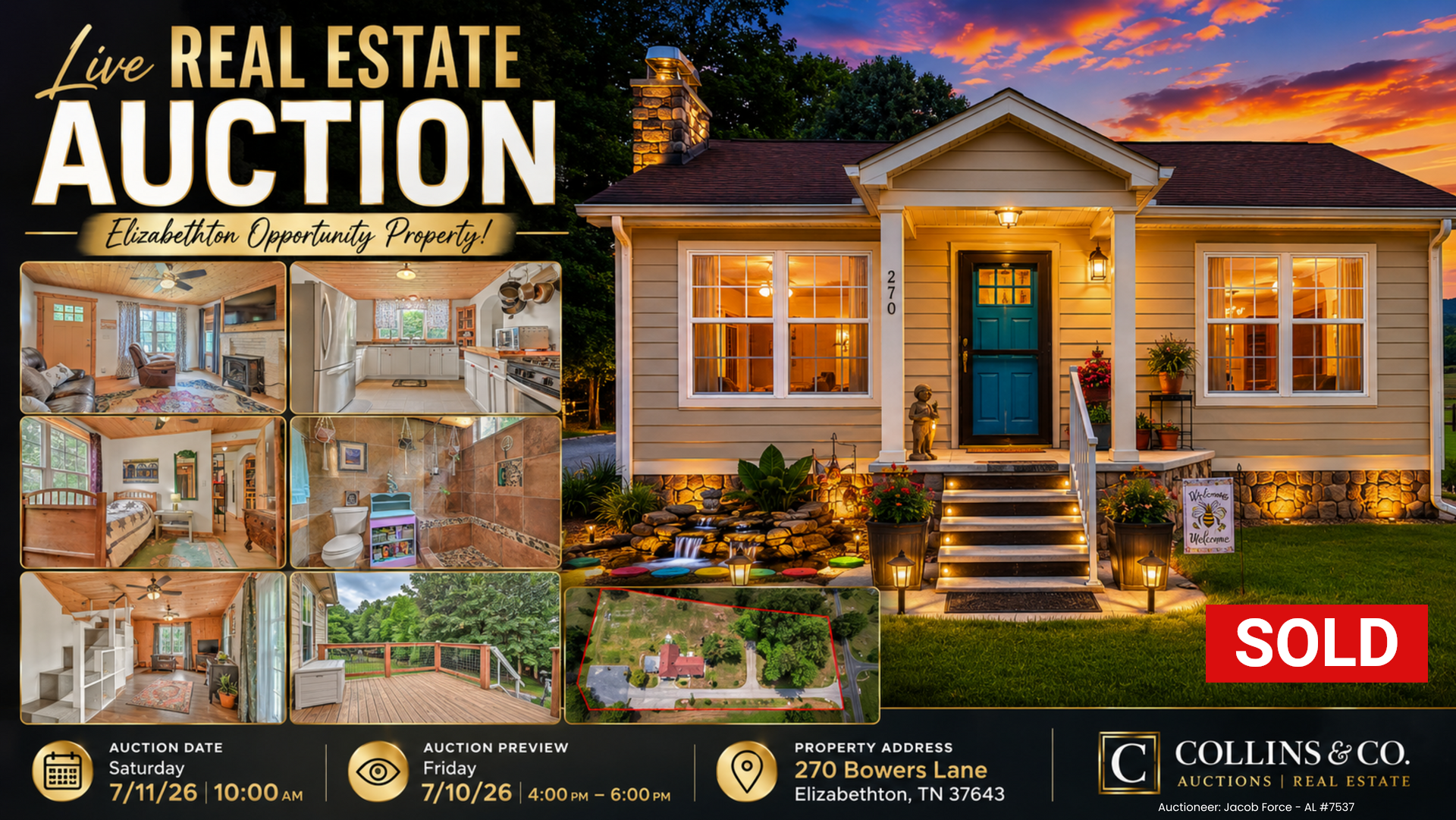 Real estate auction ad with house interiors and a lit home at sunset, marked SOLD