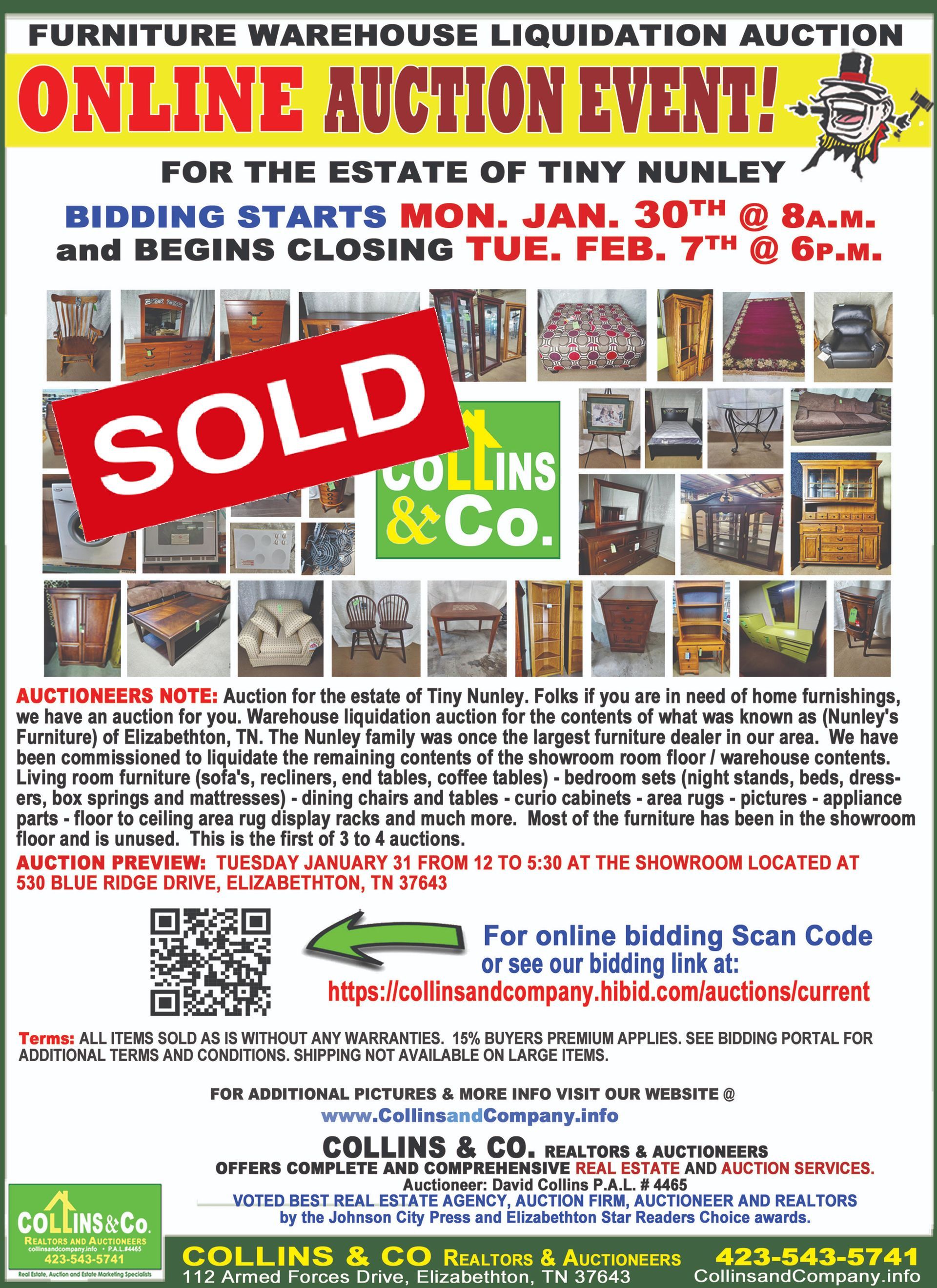 A flyer for an online auction event for the estate of tiny nunley