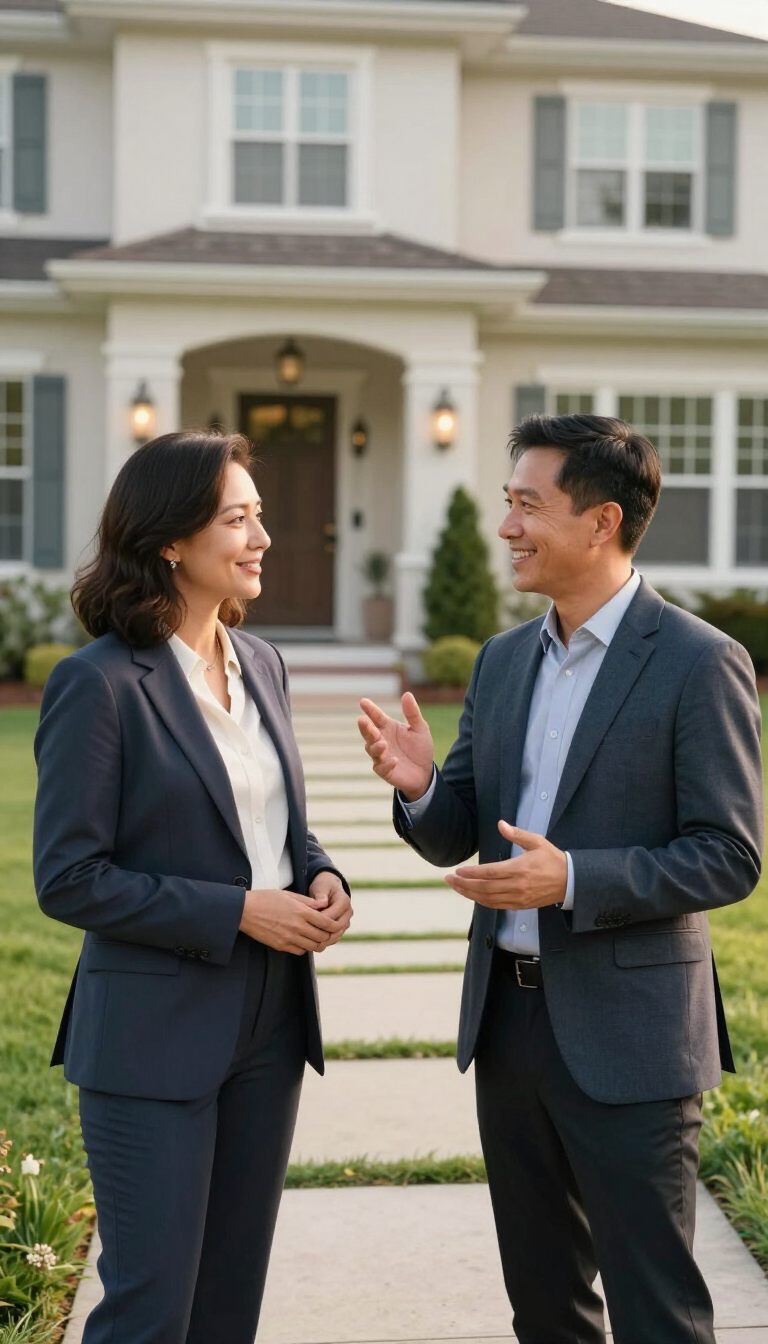 Contact Us to Get Started! Two businesspeople are talking in front of a suburban house.