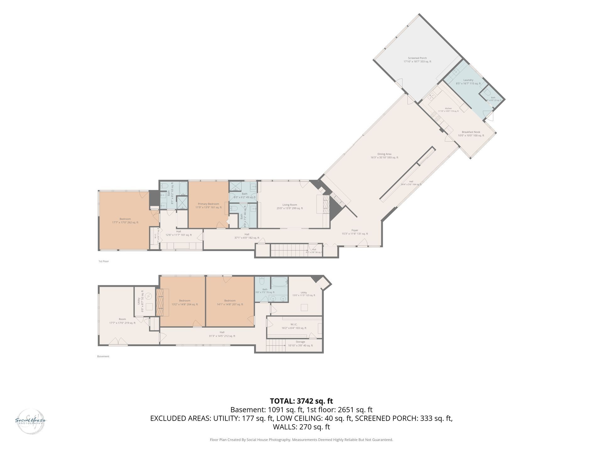 Architectural floor plan with beige rooms, blue highlights, and a diagonal wing layout.
