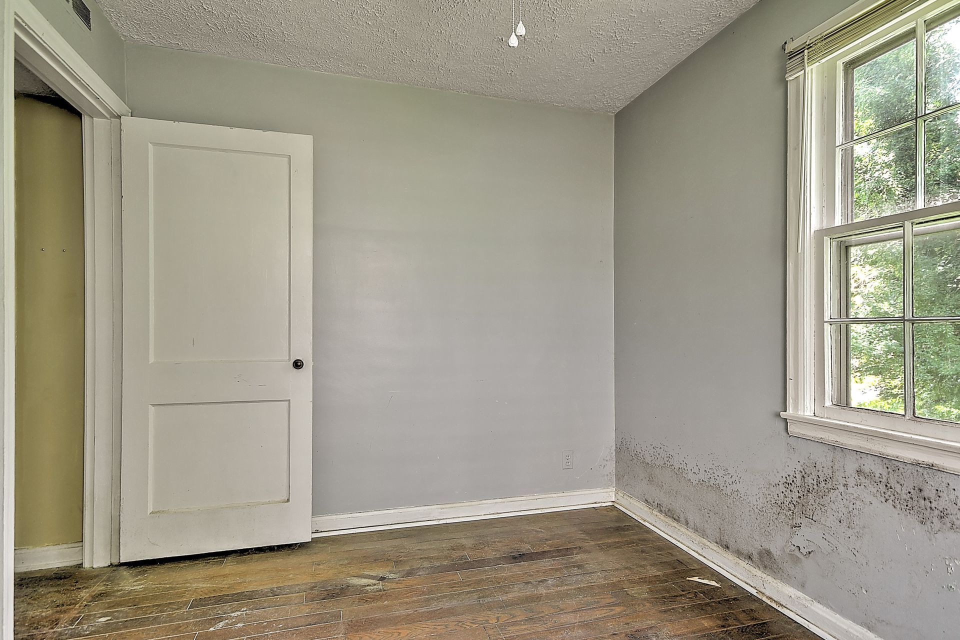 Small empty room with white door, gray walls, stained lower wall, and window light from the right.