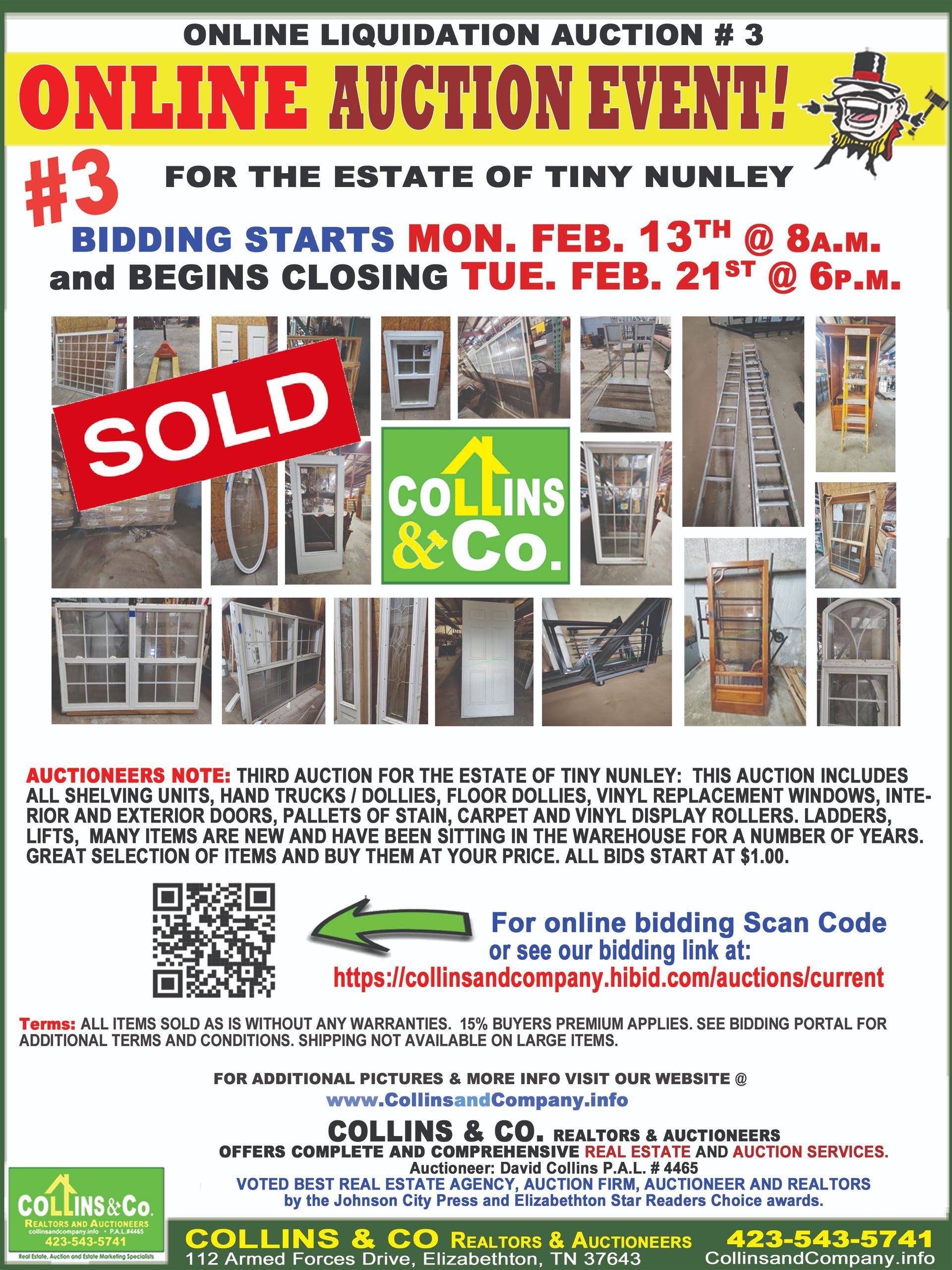 A poster for an online liquidation auction # 3 for the estate of tiny numley