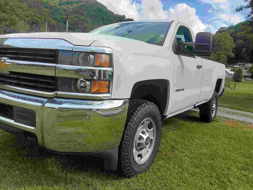 White pickup truck parked on grass, front-left view, with mountains and trees in the background