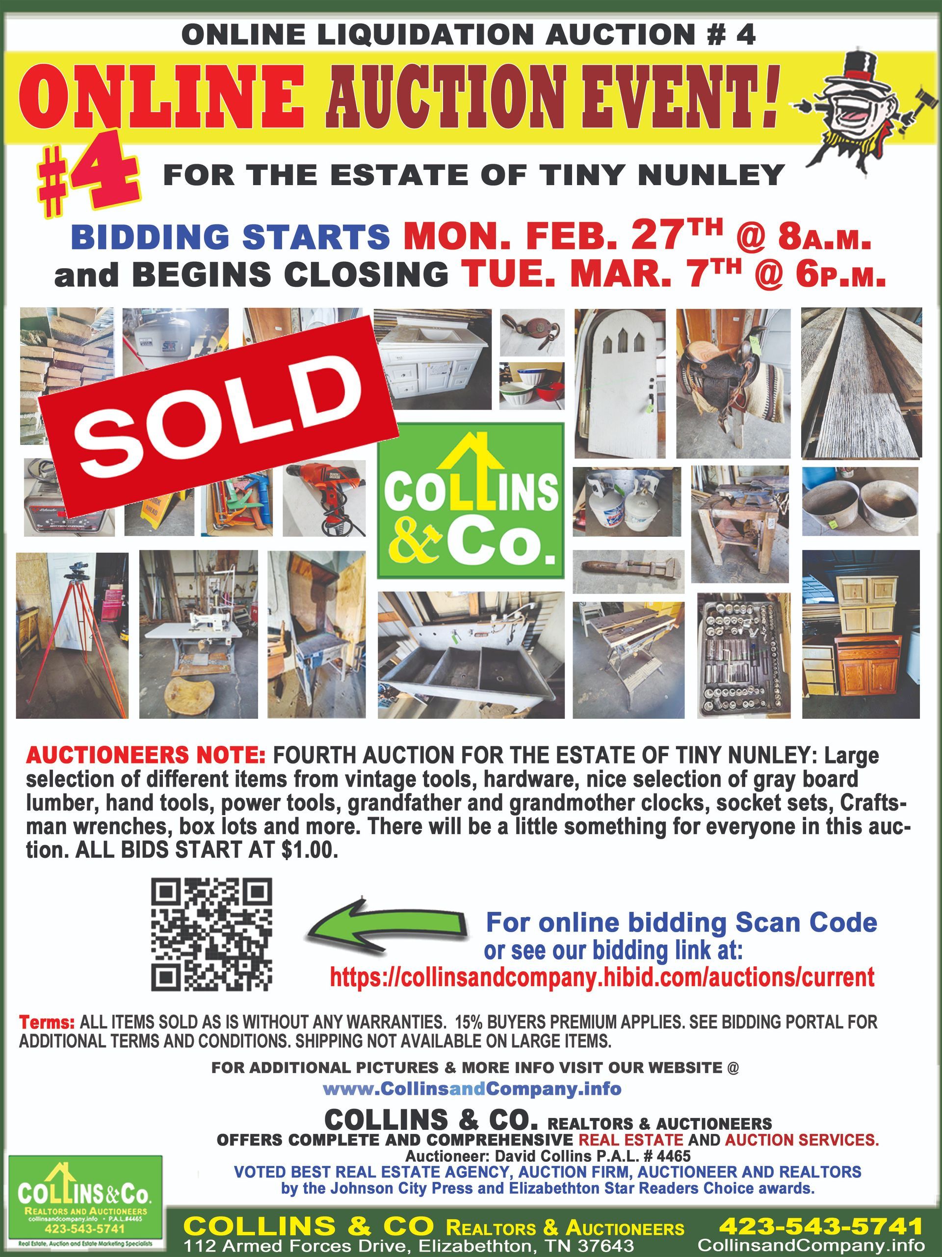 A flyer for an online auction event for the estate of tiny numley