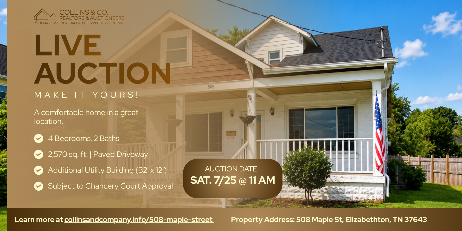 Live auction flyer for a tan house, listing date, time, and event details on the left.