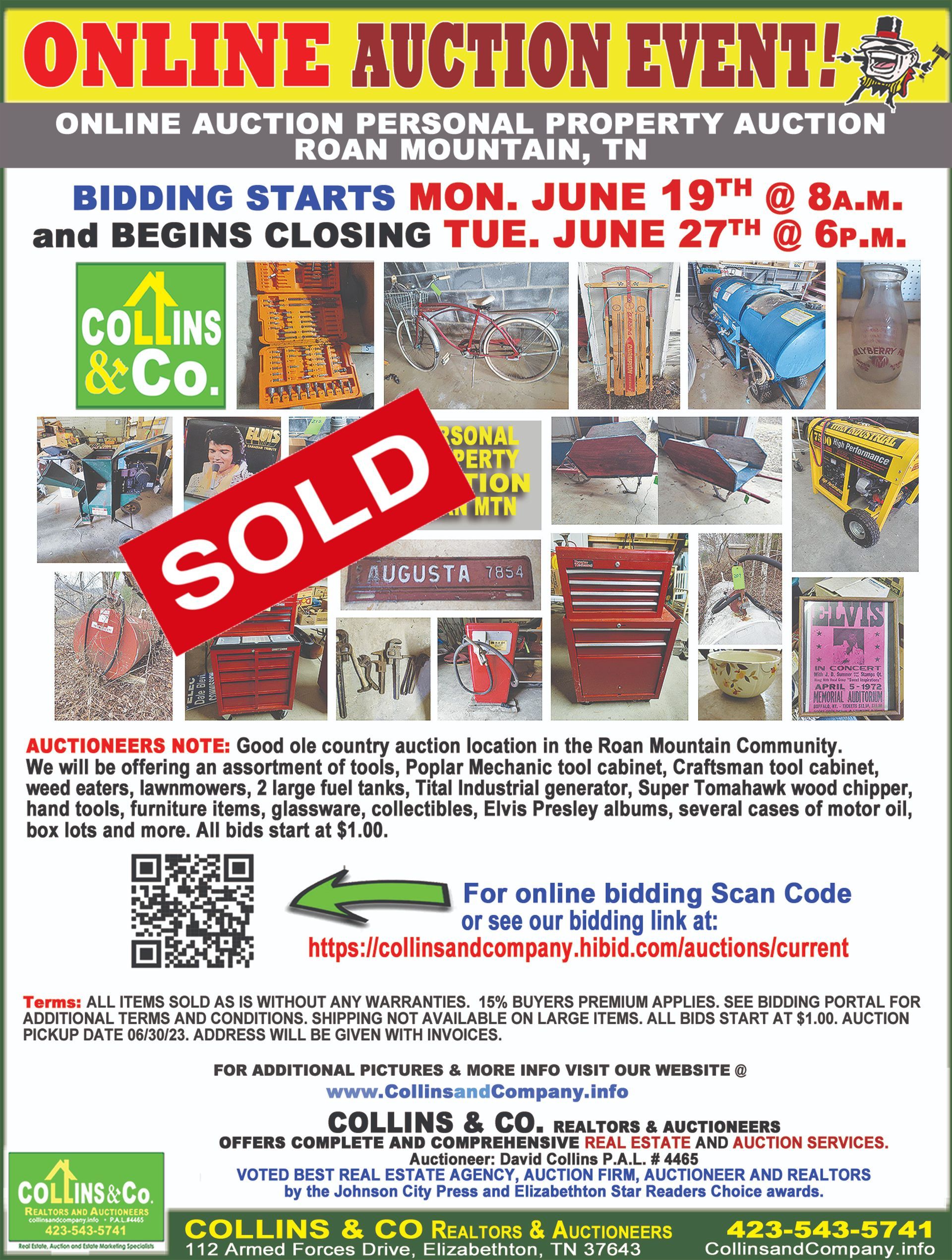 A poster for an online auction event that is sold.
