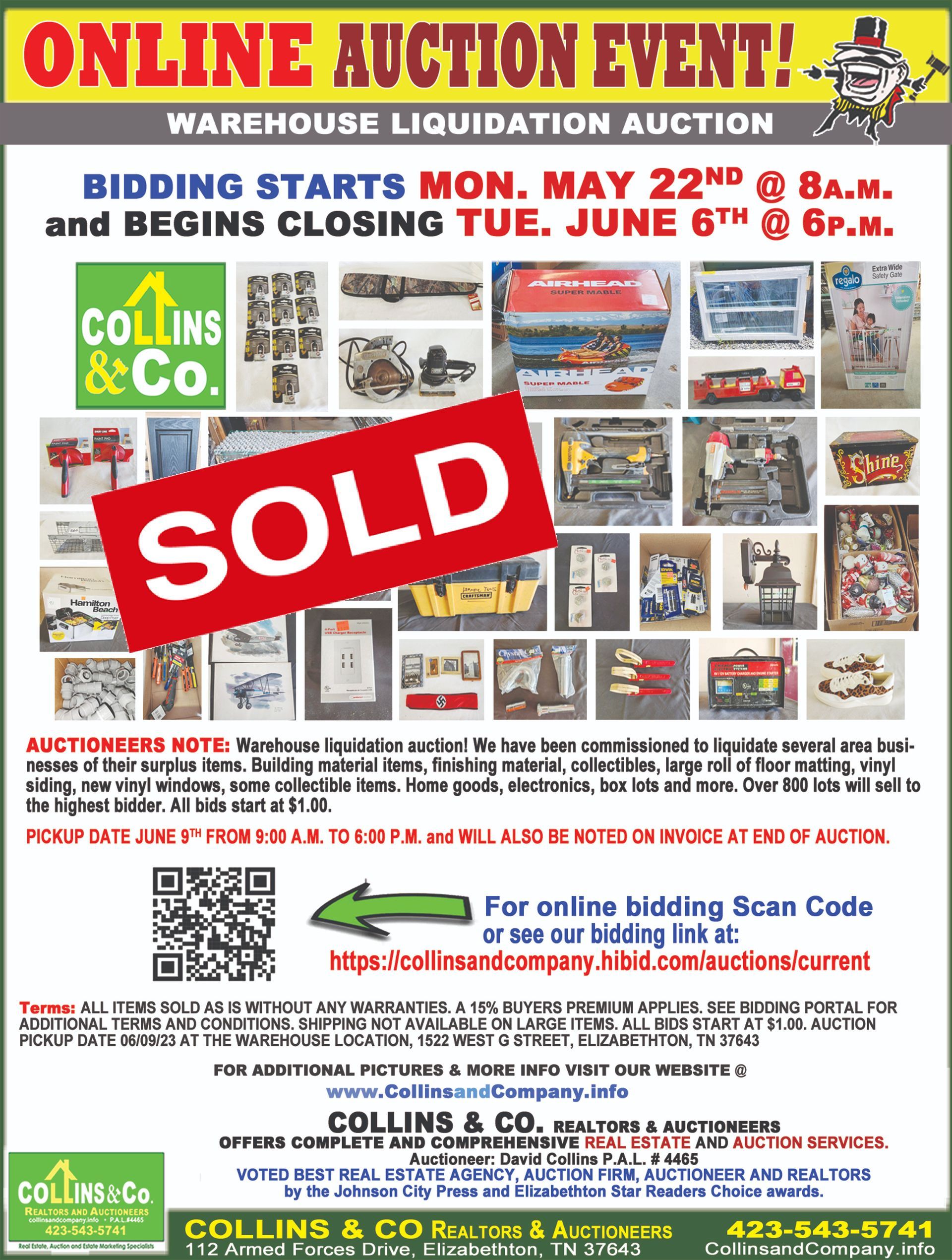 A sold sign is on a poster for an online auction event.