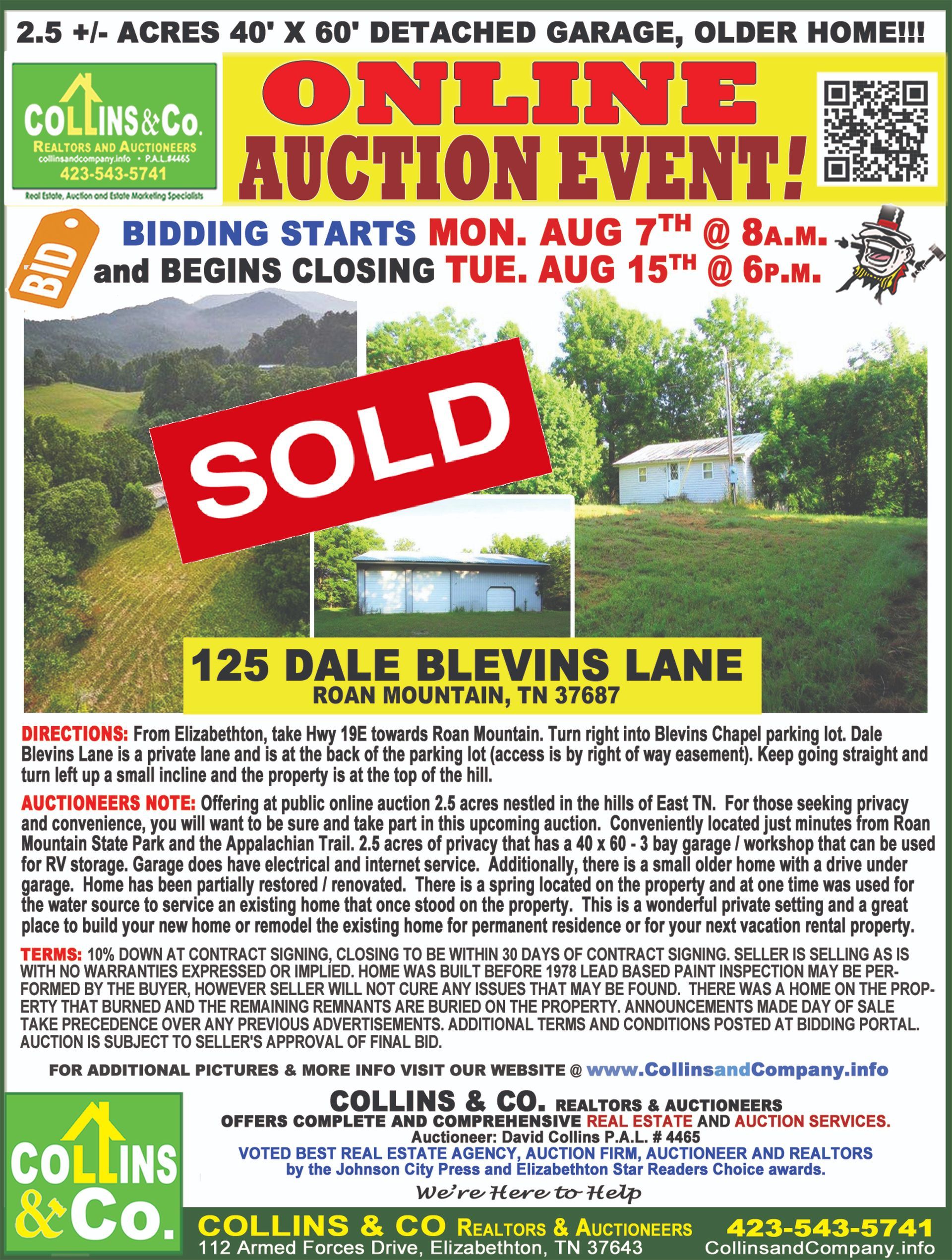 An advertisement for an online auction event for 125 dale blevins lane