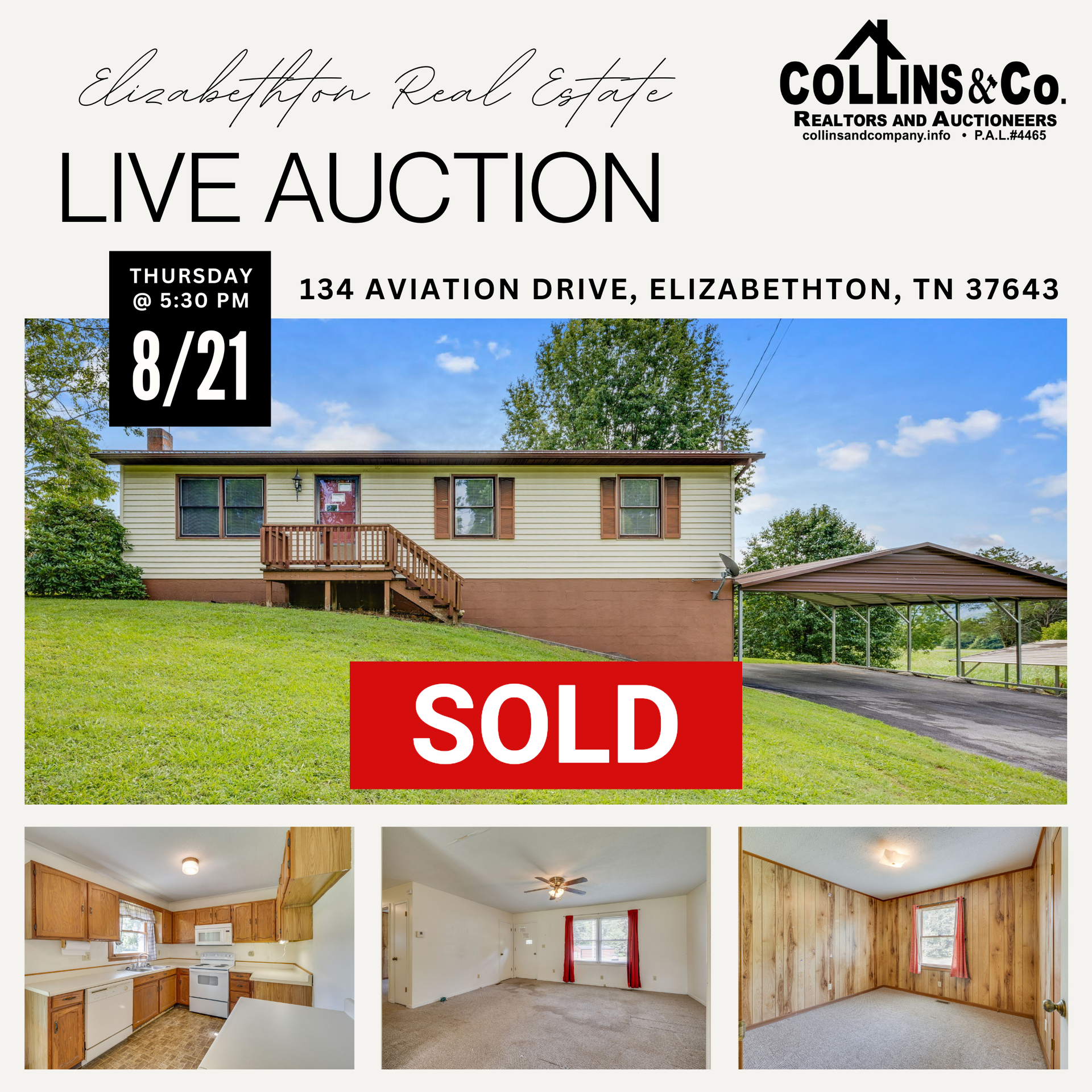 Real estate auction ad for 134 Aviation Drive, Elizabethton, TN, featuring a house with 
