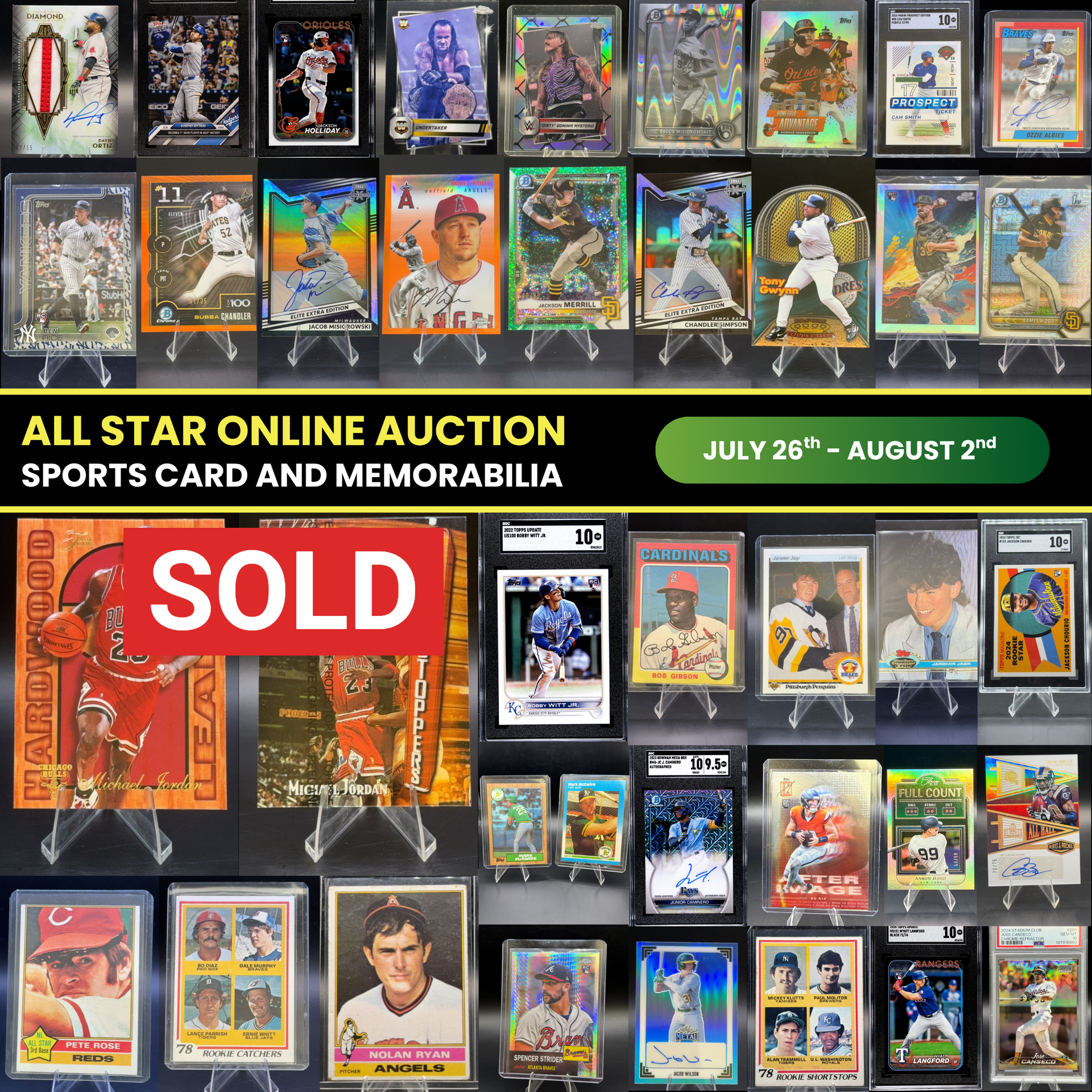 Sports cards auction advertisement. Cards are displayed on stands with 