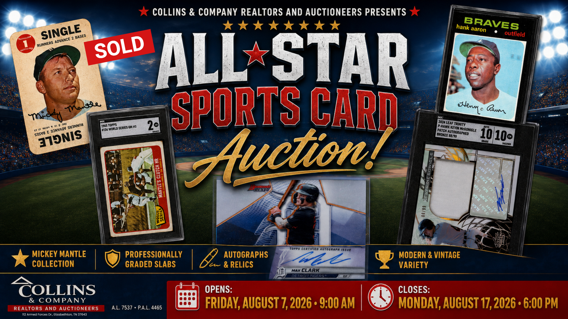 Sports card auction poster with baseball cards, bold red “SOLD” label, and Collins Auction logo on a dark background