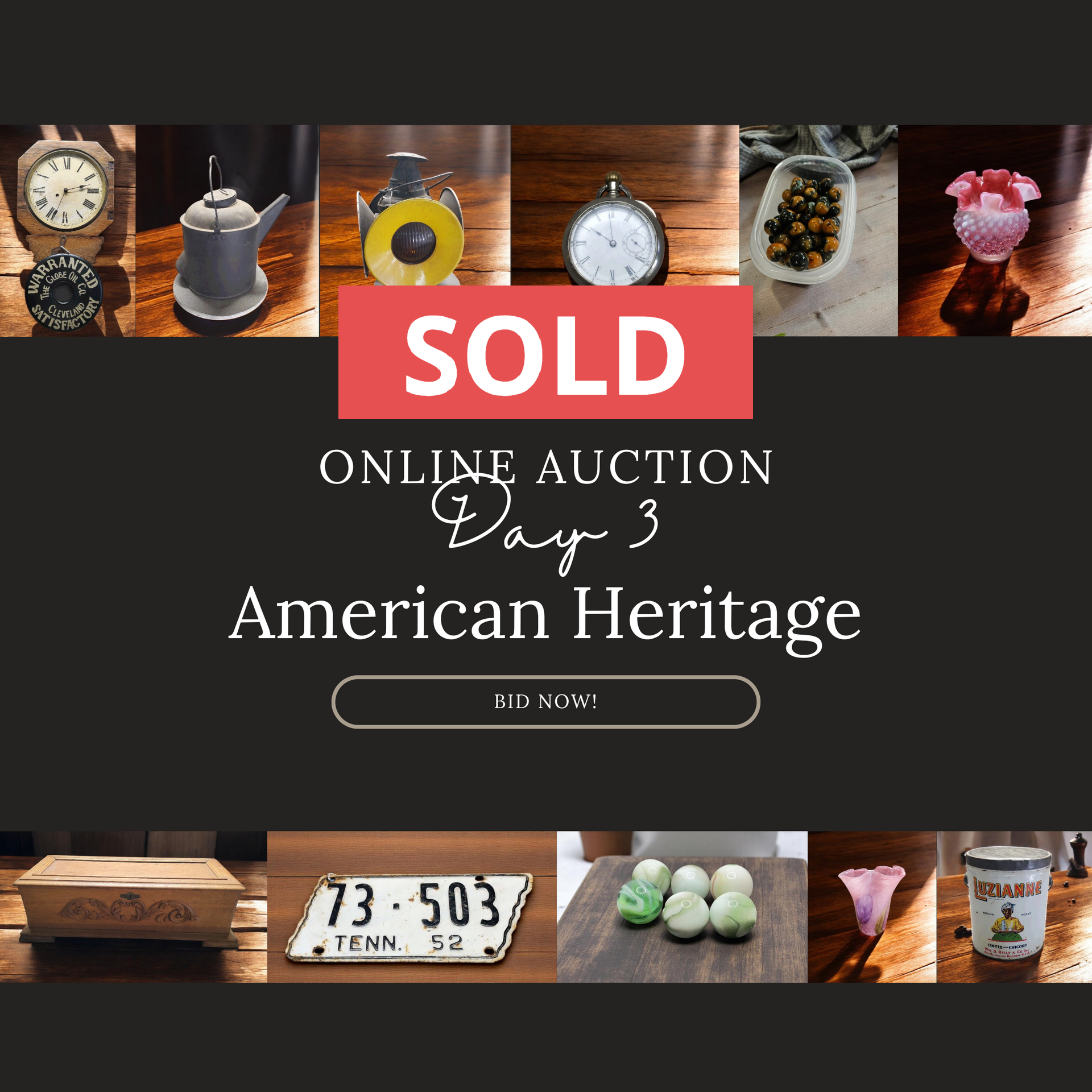 A poster for a sold online auction called american heritage