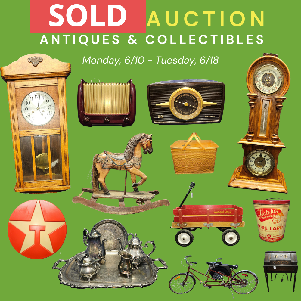 An advertisement for a sold auction of antiques and collectibles