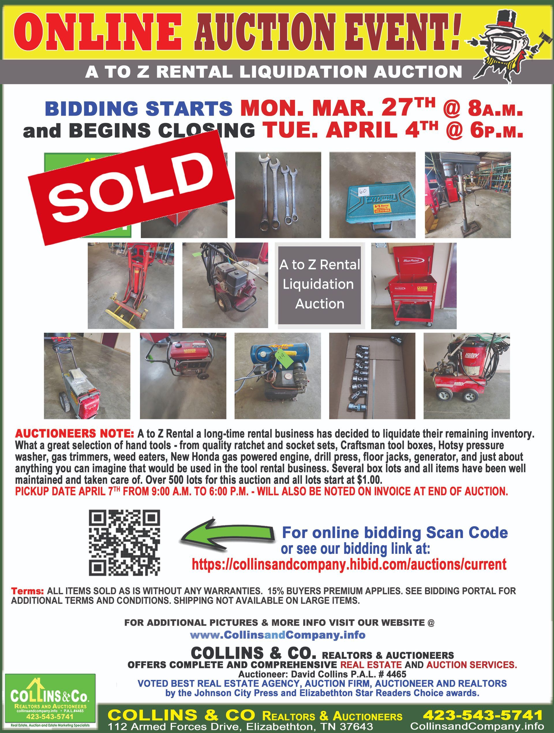 A poster for an online auction event with a sold sign on it.