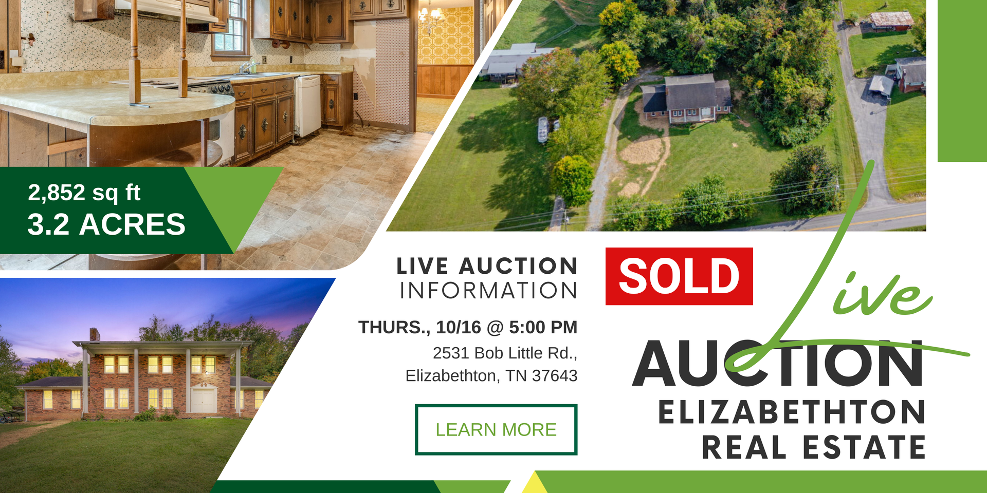 Real estate ad: kitchen, house exterior, aerial view. Green, white background. 