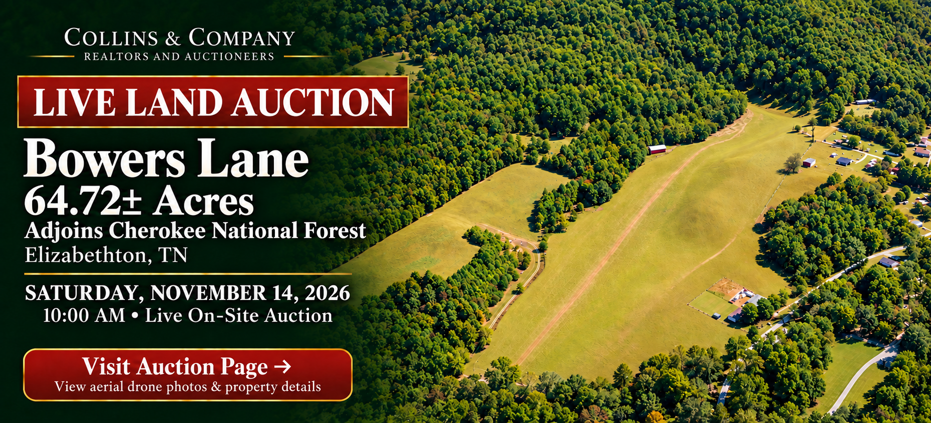 Live land auction ad for Bowers Lane, 64.72± acres in Athens with green field aerial view
