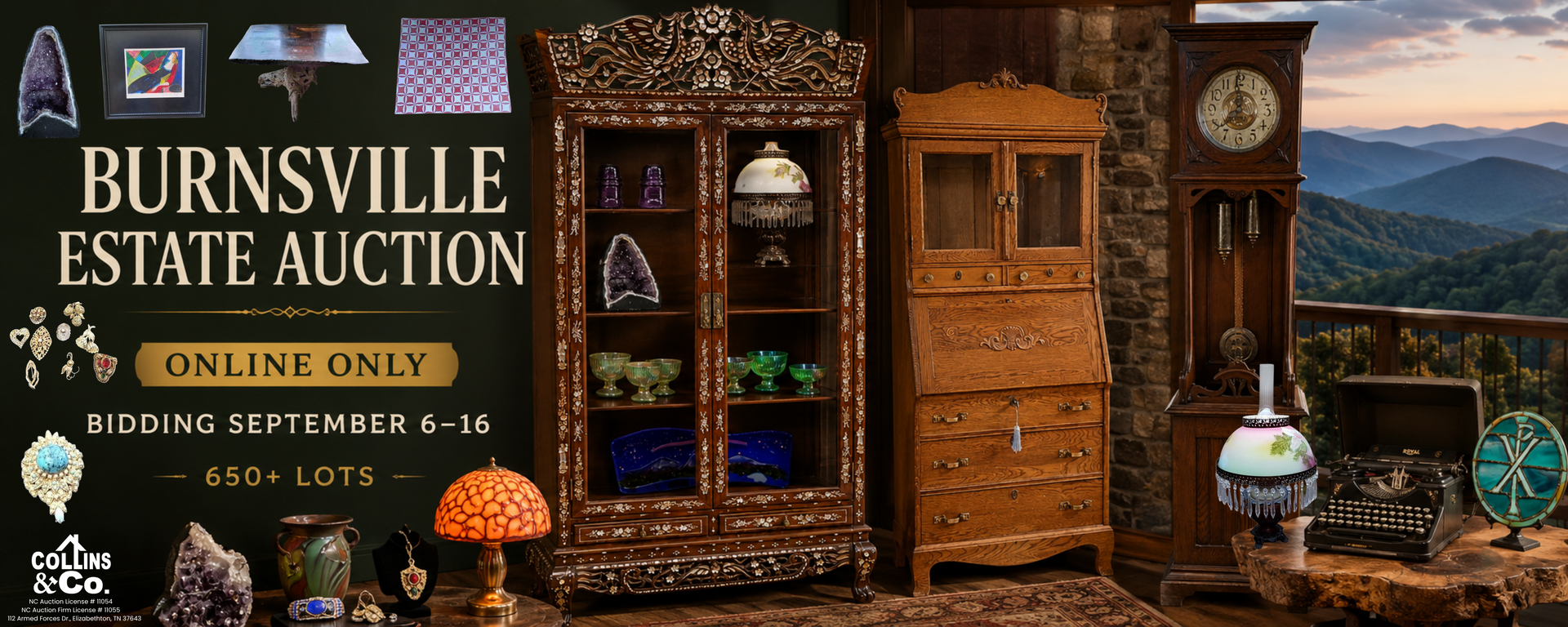 Burnsville estate auction sign with items for sale and online-only bidding dates and lots information