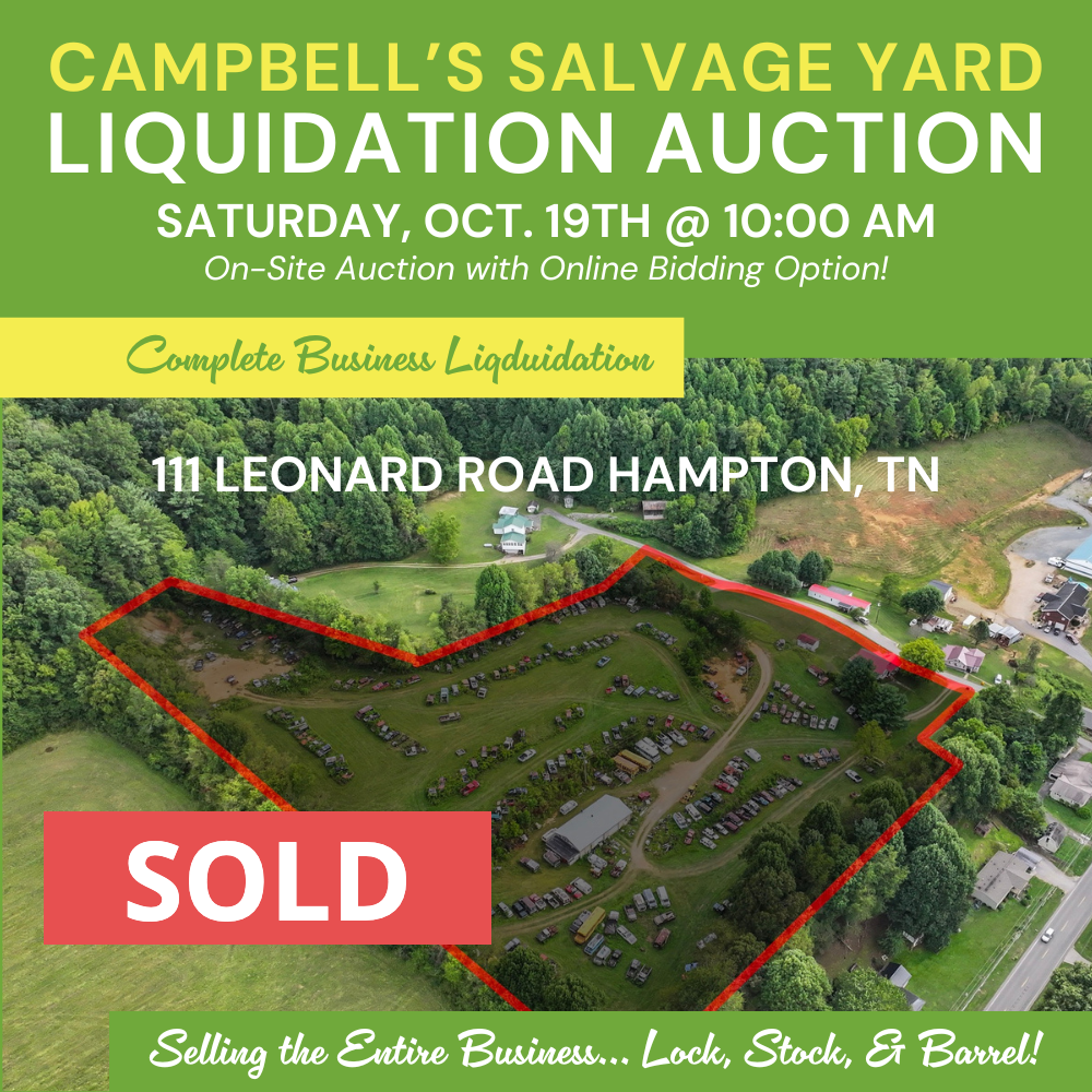 a flyer for Campbell's Salvage Liquidation Auction sold successfully by Colllins & Co. including land, real estate, and equipment