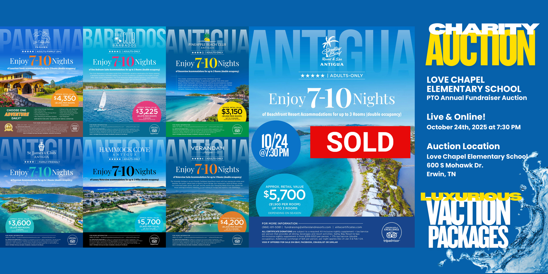 Charity auction for luxurious vacation packages including Panama, Barbados, and Antigua. SOLD sign.