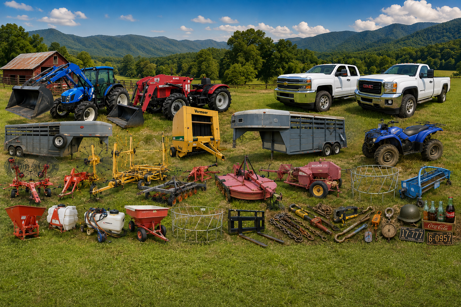 Tractors and farm equipment displayed on a grassy field with mountains in the background.