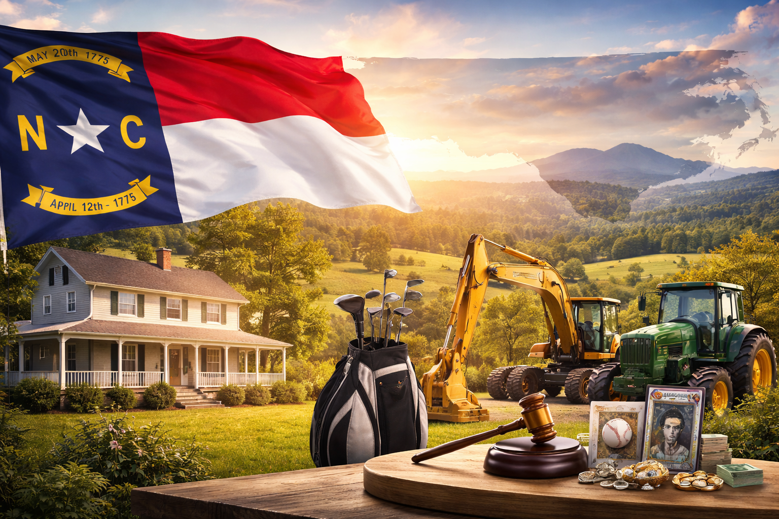 North Carolina flag over a rural landscape with a farmhouse, golf bag, excavator, tractor, and a gavel on a foreground table.