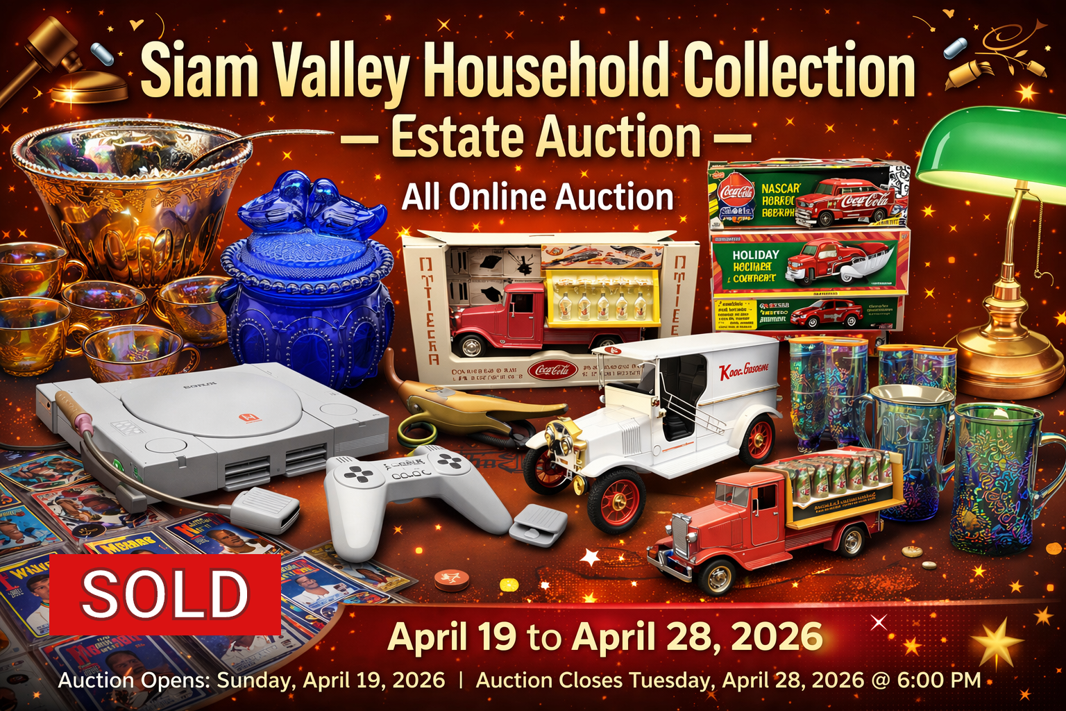Siam Valley Household Collection estate auction poster with antiques, tools, and toys; all online, April 19–28, 2026